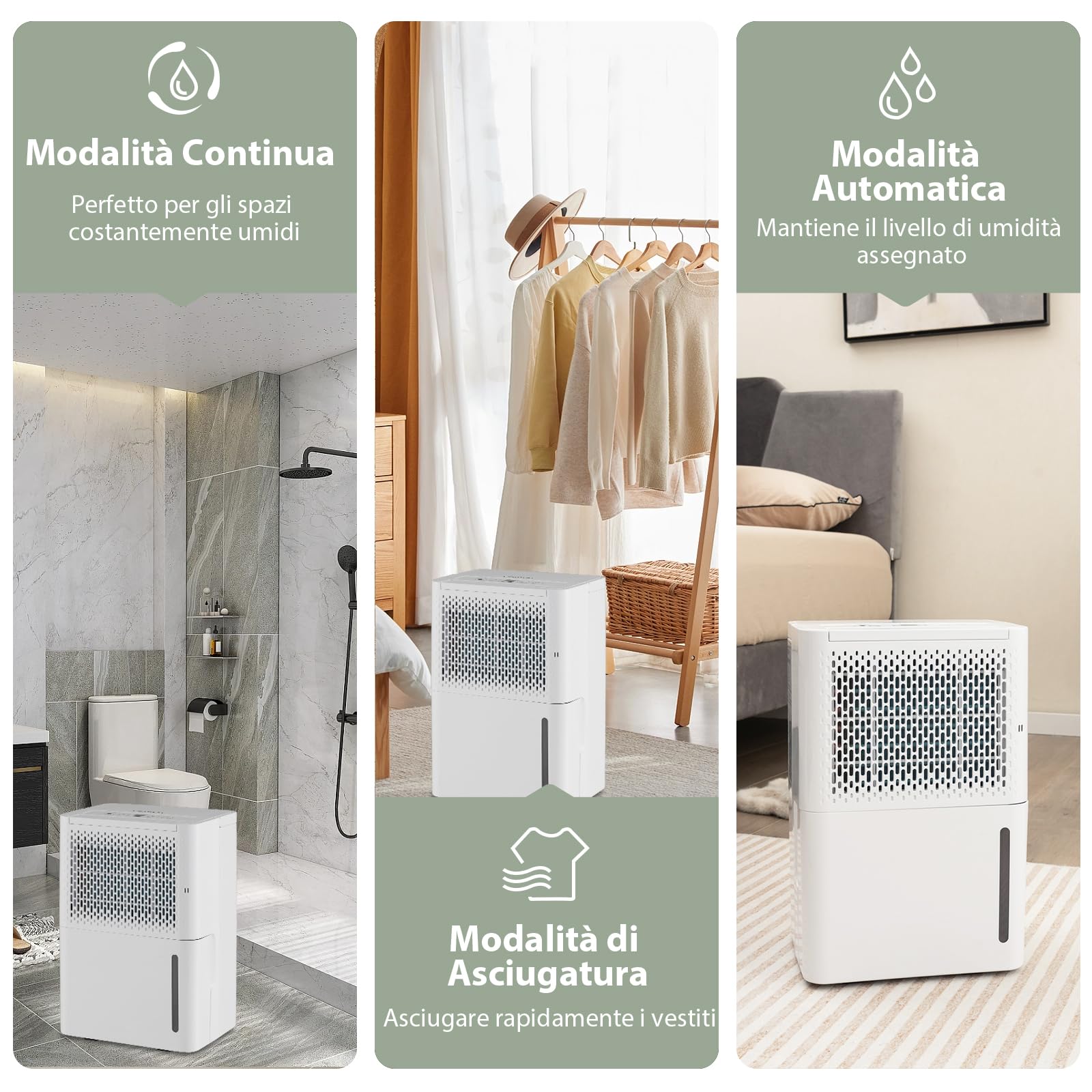 COSTWAY 12L Deumidificatore per Casa, Silenzioso ed Efficiente con Modalità Continua/Asciugatura/Auto, Timer 24 Ore, Maniglia Portatile, Ideale per Cantine Bagno e Camere da Letto