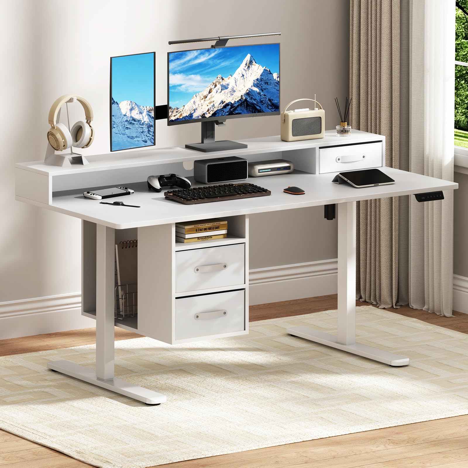 55x24 Inches Standing Desk with Drawers, Electric Computer Desk with Open Storage Shelf, Stand Up Desk, Adjustable Height 28-46 Inches for Home and Computer Workstation, White