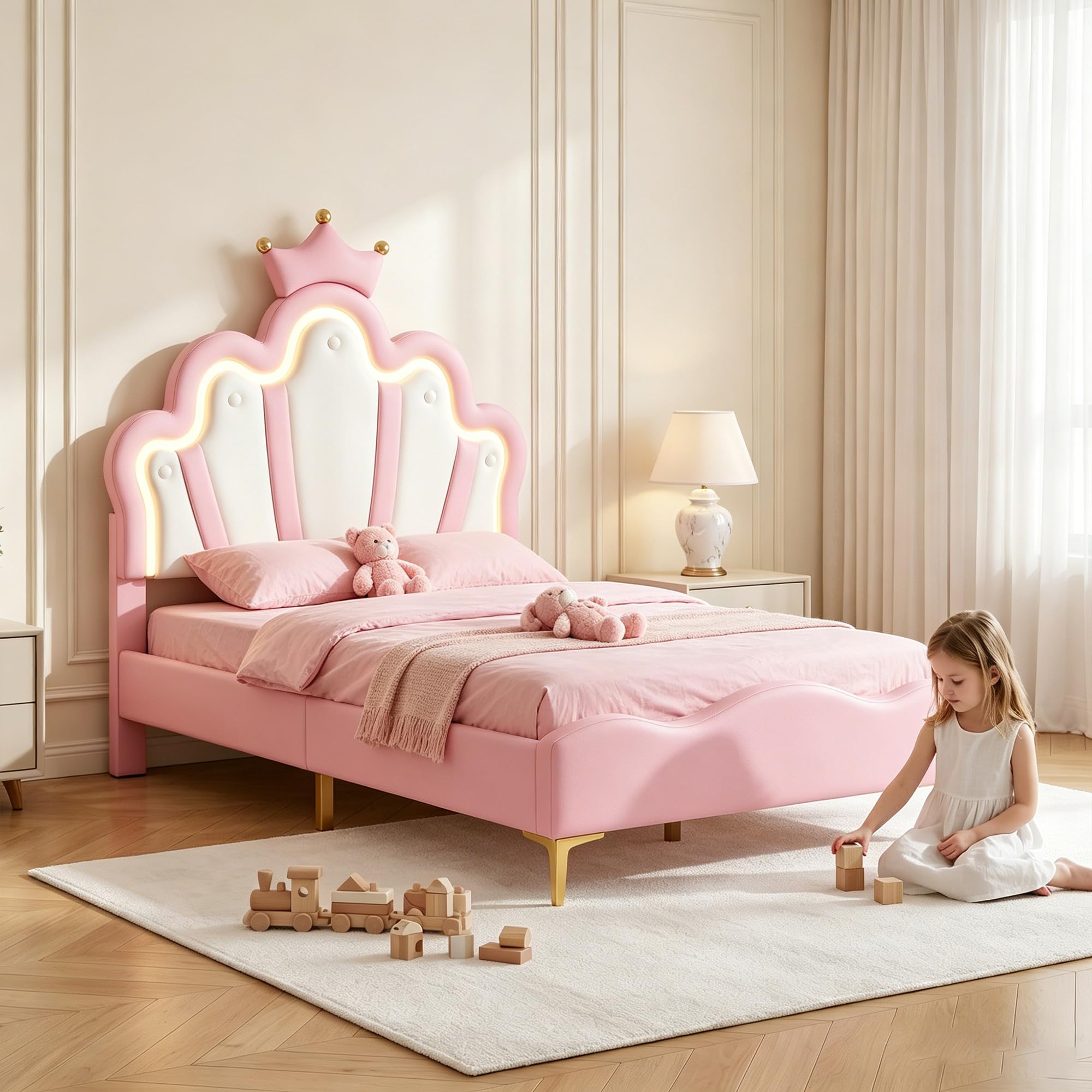 Cama infantil niña 90 x 200 cm, cama princesa con iluminación LED, cabecera de cama ajustable en altura en forma de corona, camas de 1 plaza acolchadas para niña adolescente, somier de láminas, PU