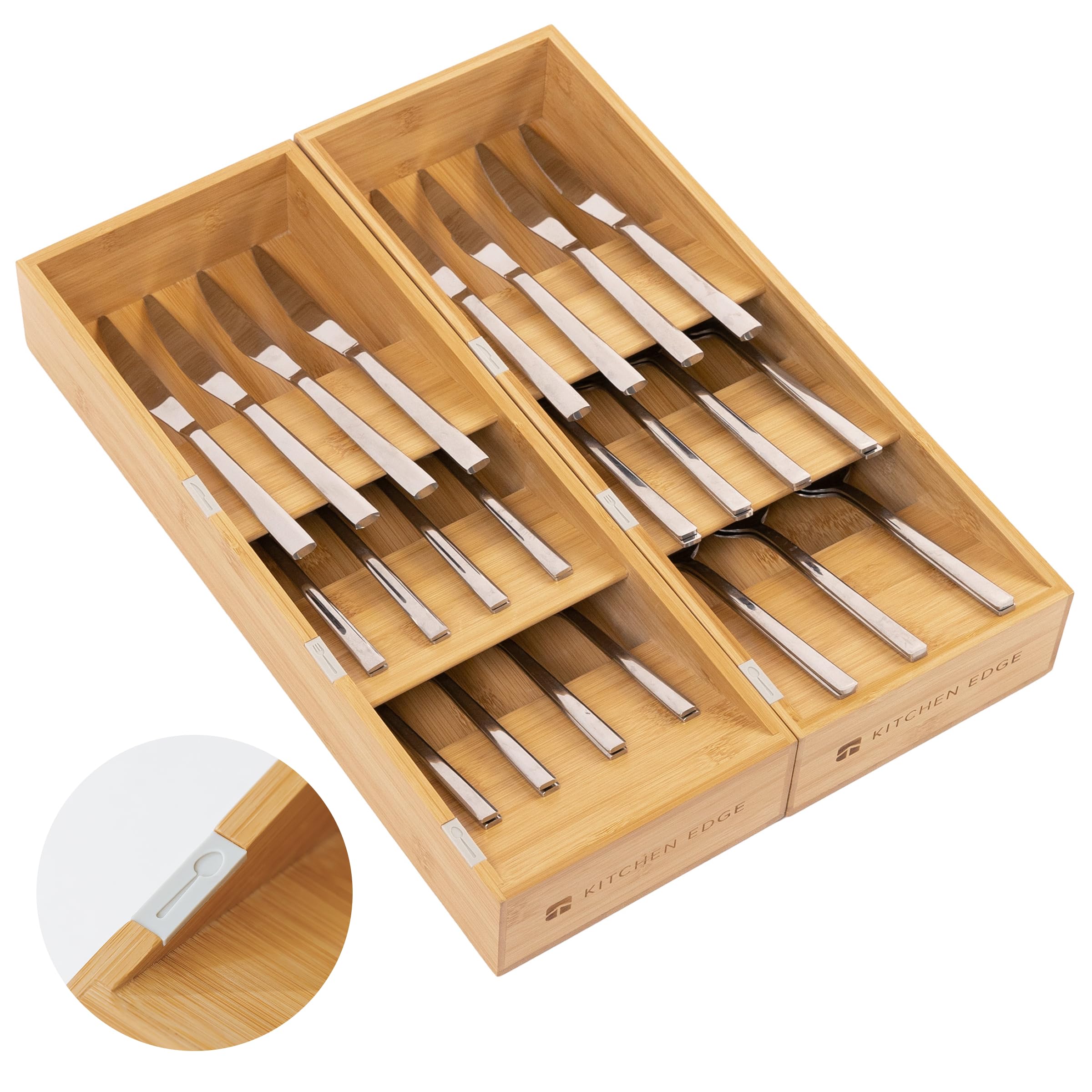 Organizador de cajones de cubiertos, cubiertos y cubiertos de alta calidad, diseño inclinado de 3 compartimentos con ranuras etiqu