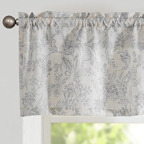 Lazzzy Kitchen Valance Curtain Linen Floral Farmhouse Valance for Living Room Bathroom Bedroom Country Valances Window Treatments Small Window Cafe Curtain 16 Inch Rod Pocket 1 Panel Grey on Beige