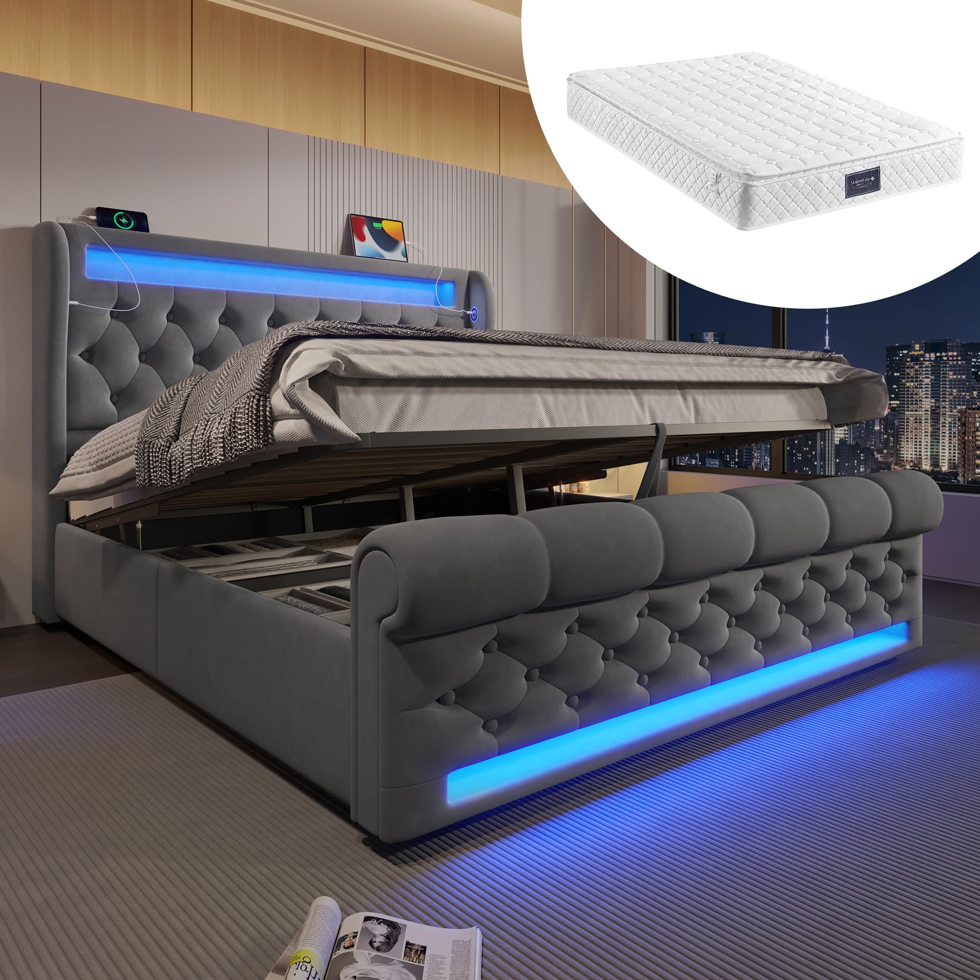 Nowoczesne łóżko tapicerowane, podwójne łóżko 160 x 200 cm, tapicerowane łóżko z diodami LED, zagłówek do przechowywania z portami USB i typu C, hydrauliczne łóżko do przechowywania, szare