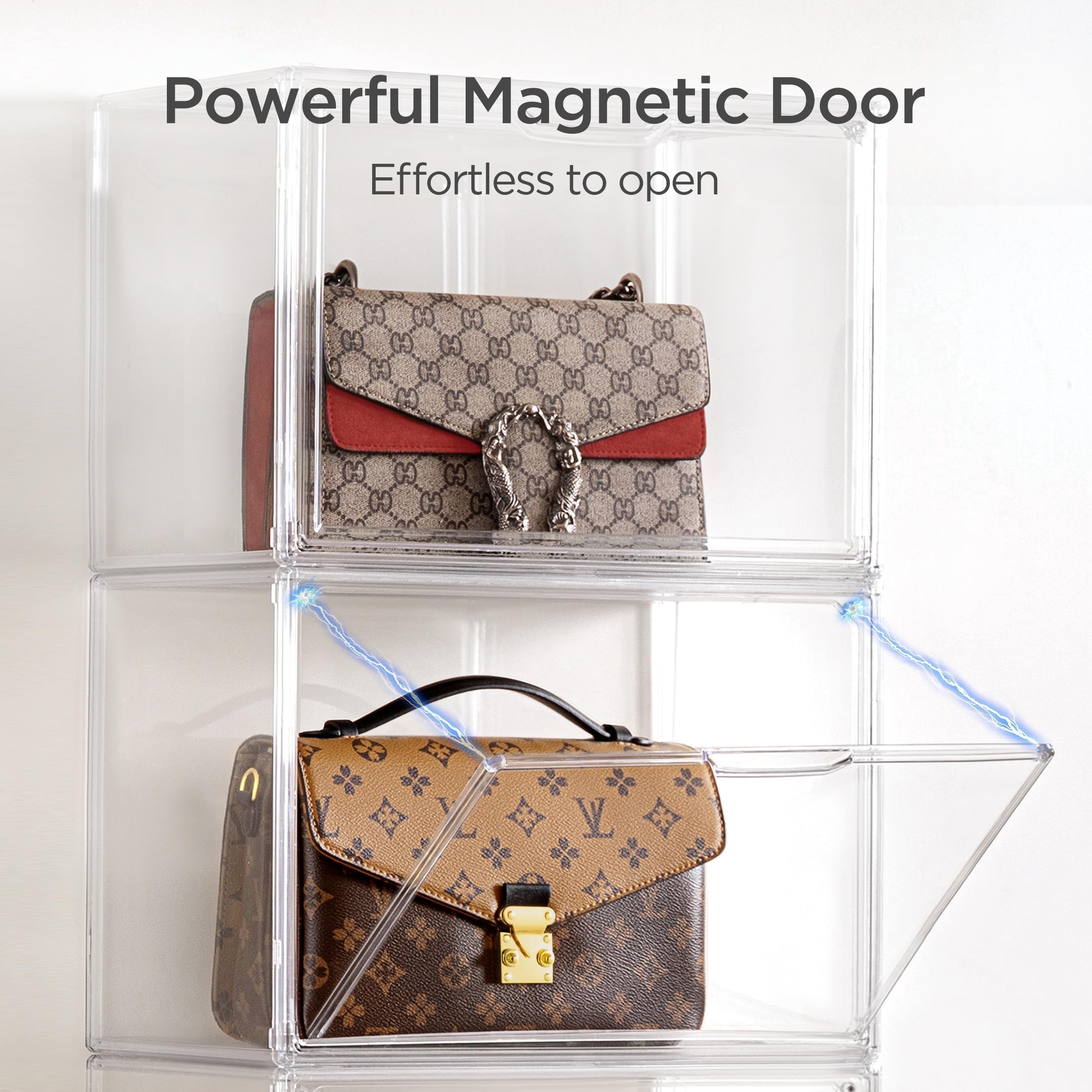 Paquete de 5 organizadores de almacenamiento de bolsos para armario, caja grande transparente apilable de bolsa con puerta magnética para coleccionables, cosméticos, tacones de mujer y juguetes 3