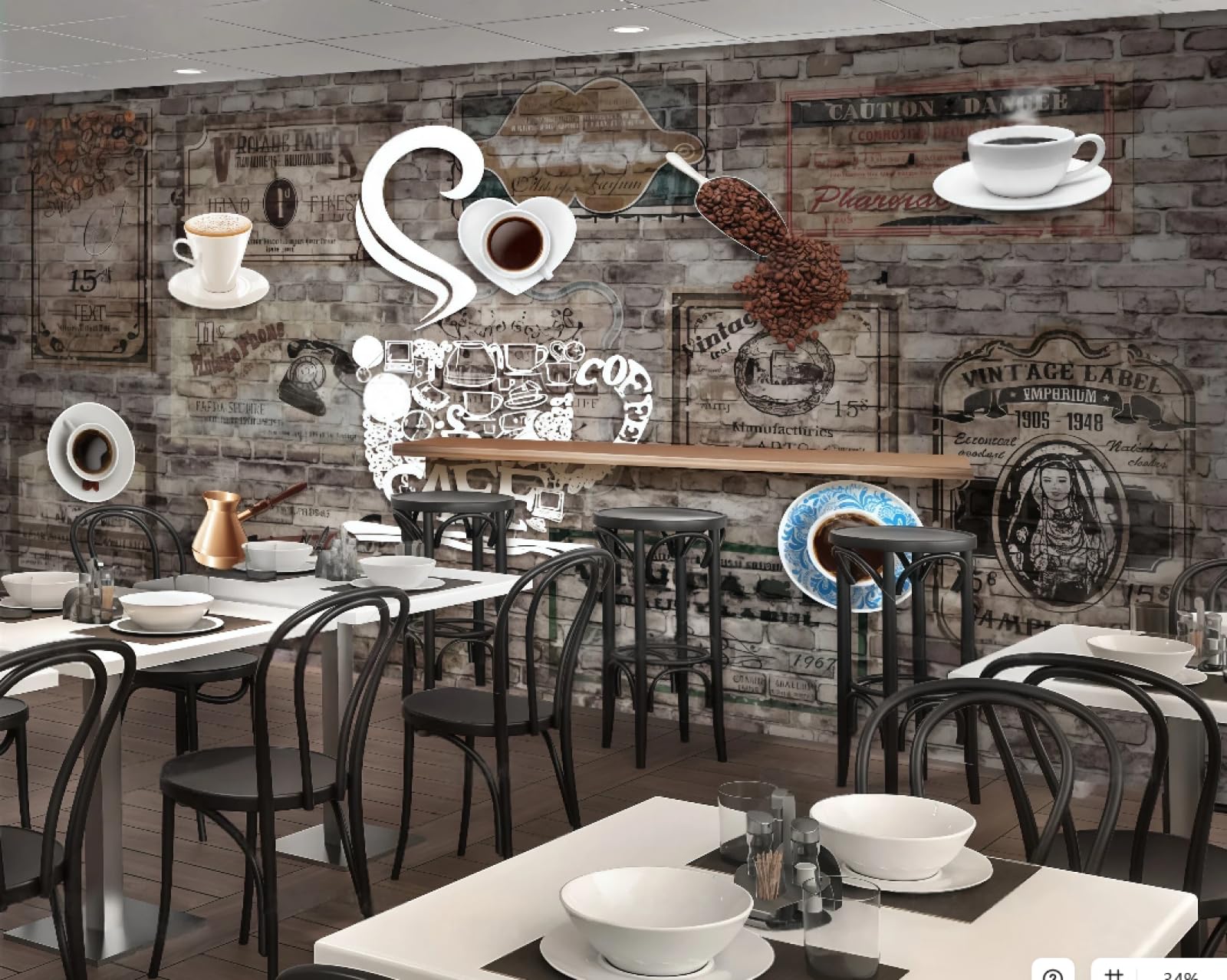 XDOUBAO Wallpaper Retro Brick Wall Hand-Painted Letters Coffee Theme Dessert Shop Afternoon Tea Western Restaurant Background Wall Wallpaper Coffee Shop Mural,3D,300x210cm