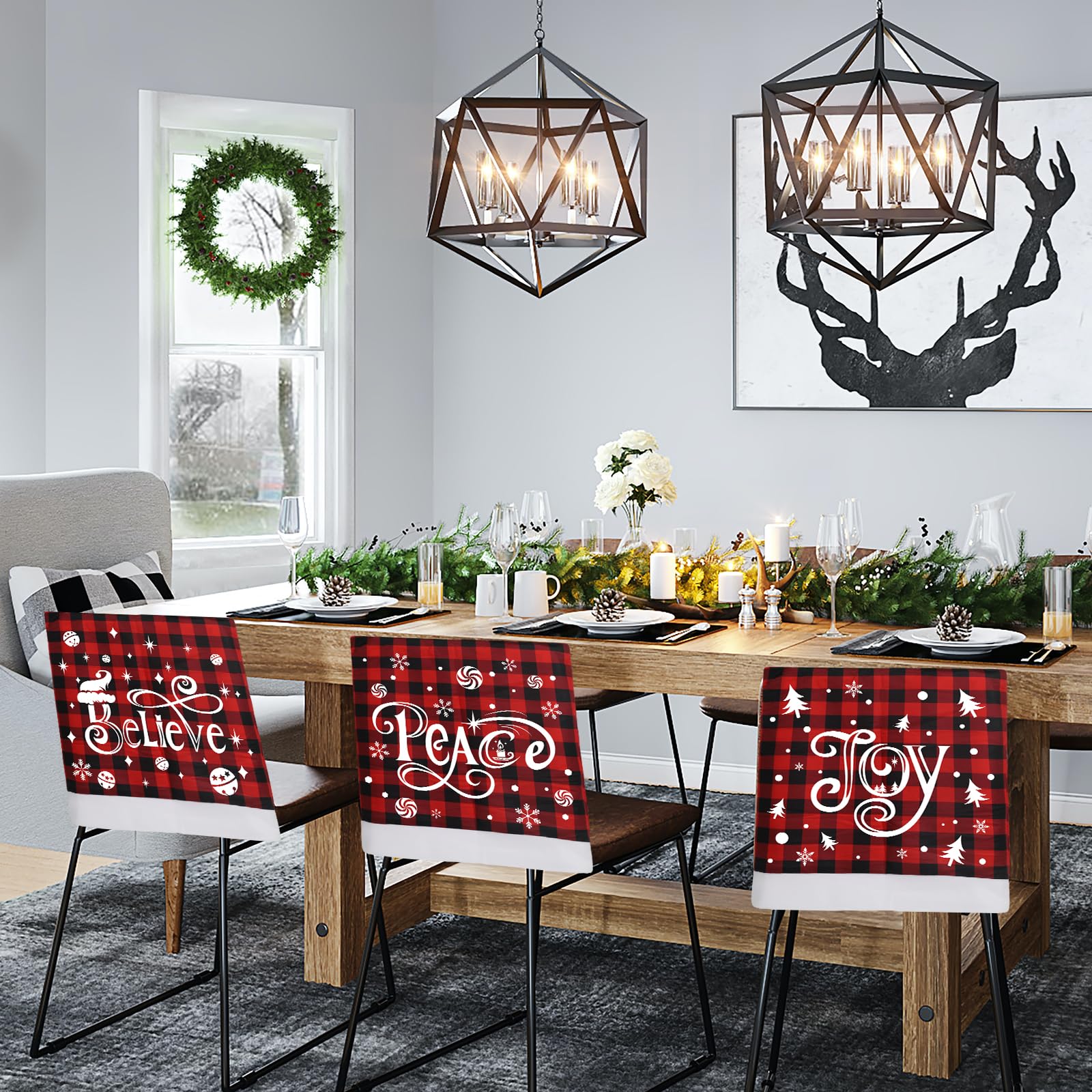 KIMOBER Juego de 6 fundas para sillas de Navidad, diseño de búfalo rojo y negro, para decoración de comedor de Navidad