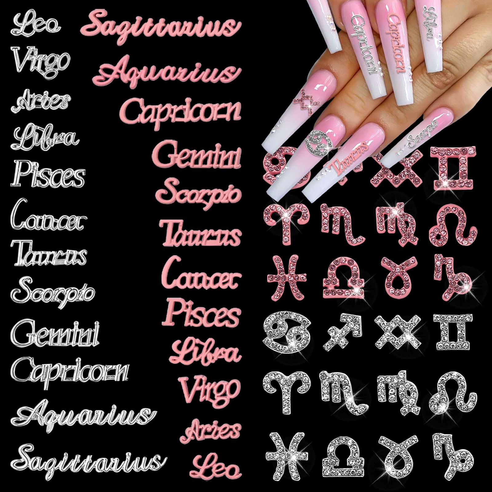 JERCLITY 48 Pieces Pink Silver Alloy Zodiac Nail Charms Zodiac Signs Nail Studs Constellation Words Charms for Nails Twelve Constellation Nail Charms