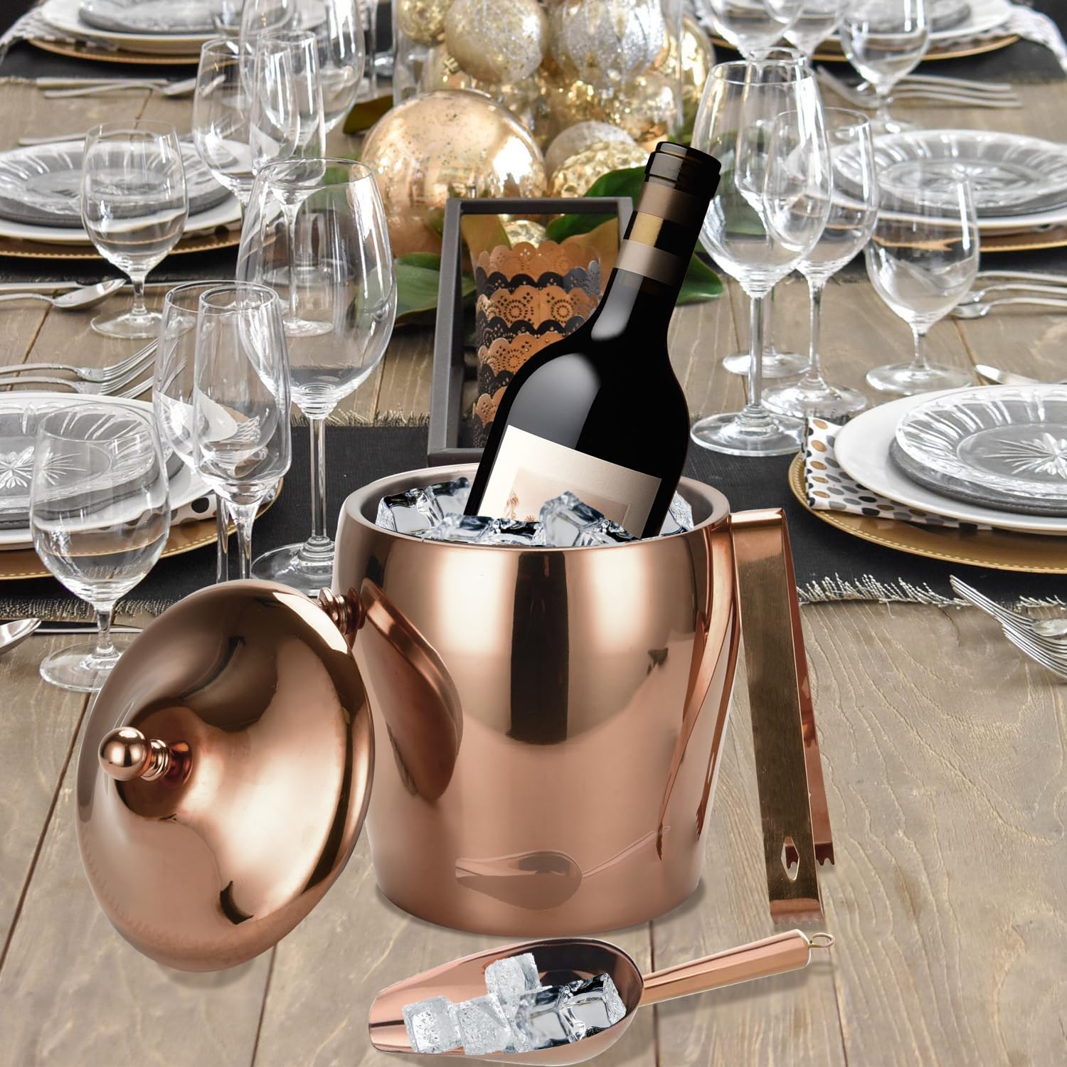 Cubo de hielo aislado de doble pared con pinzas de hielo, pala, tapa, cubo de hielo de acero inoxidable para cócteles, fiestas en casa, cubo de hielo mejorado con tapa, congelación para 6 h, 2 L