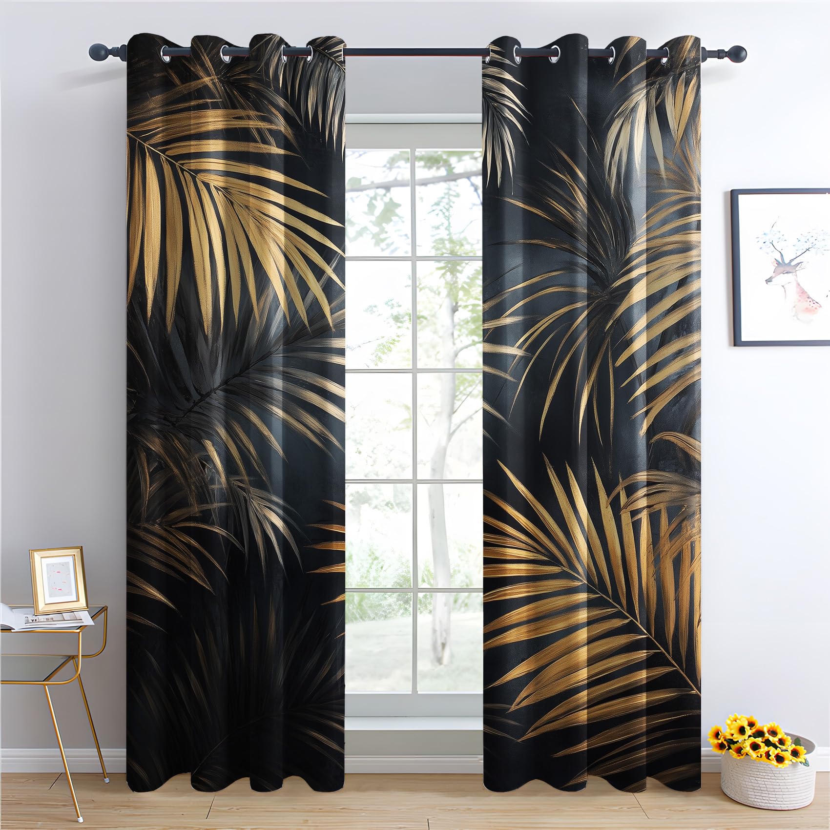 Rideau Occultant Feuilles Palmier - Décoration Feuilles Tropicales, Rideau Thermique Motif Noir et Doré, Lot de 2 Rideaux Opaque à Oeillets pour Fenetre Chambre Salon, 140x240 cm (LxH) U#312