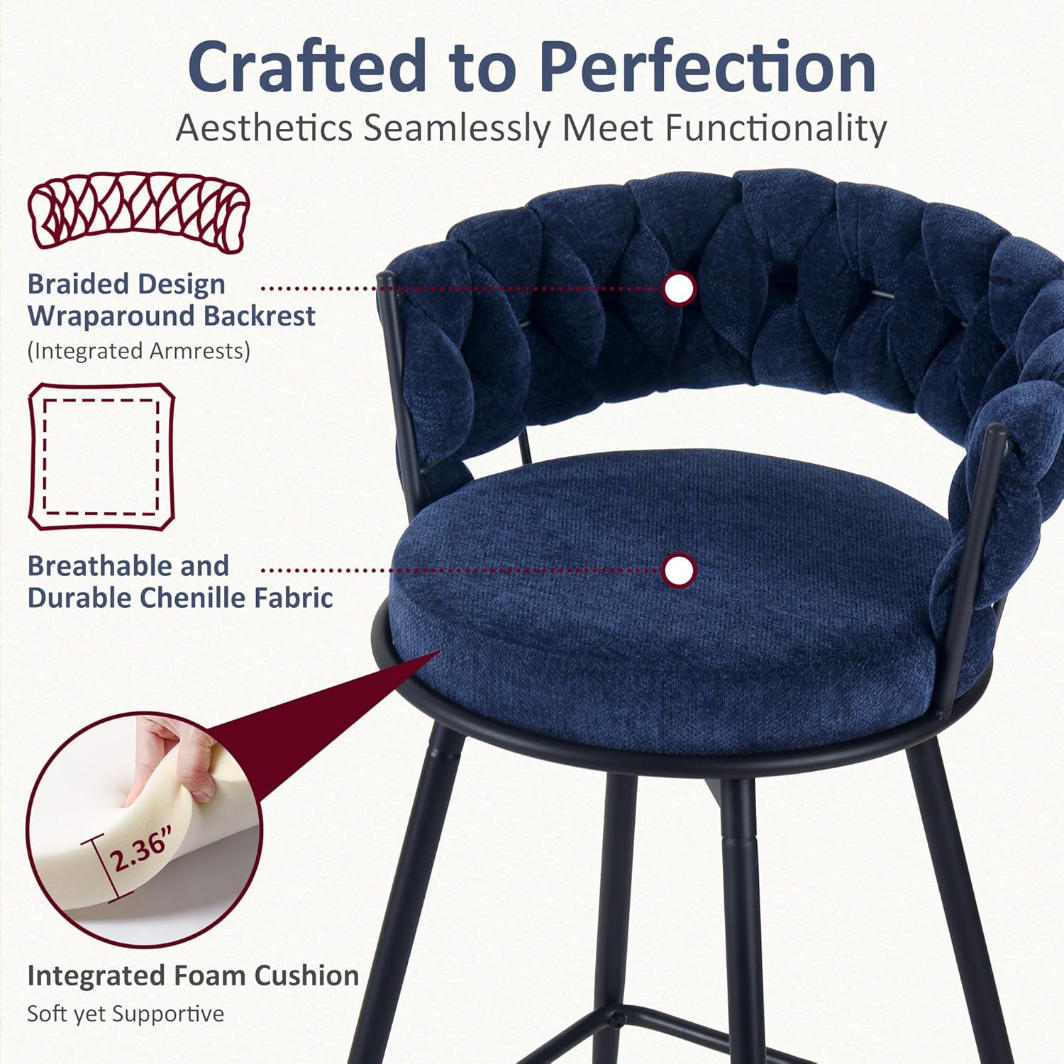 YOUNIKE Bar Stools Set of 2, 28.7 inch Seat Height Bar Chairs, 360° Swivel Counter Height Barstools with Woven Back, Upholstered Chenille Fabric Counter Stools for Kitchen Island, Pub (Navy Blue)