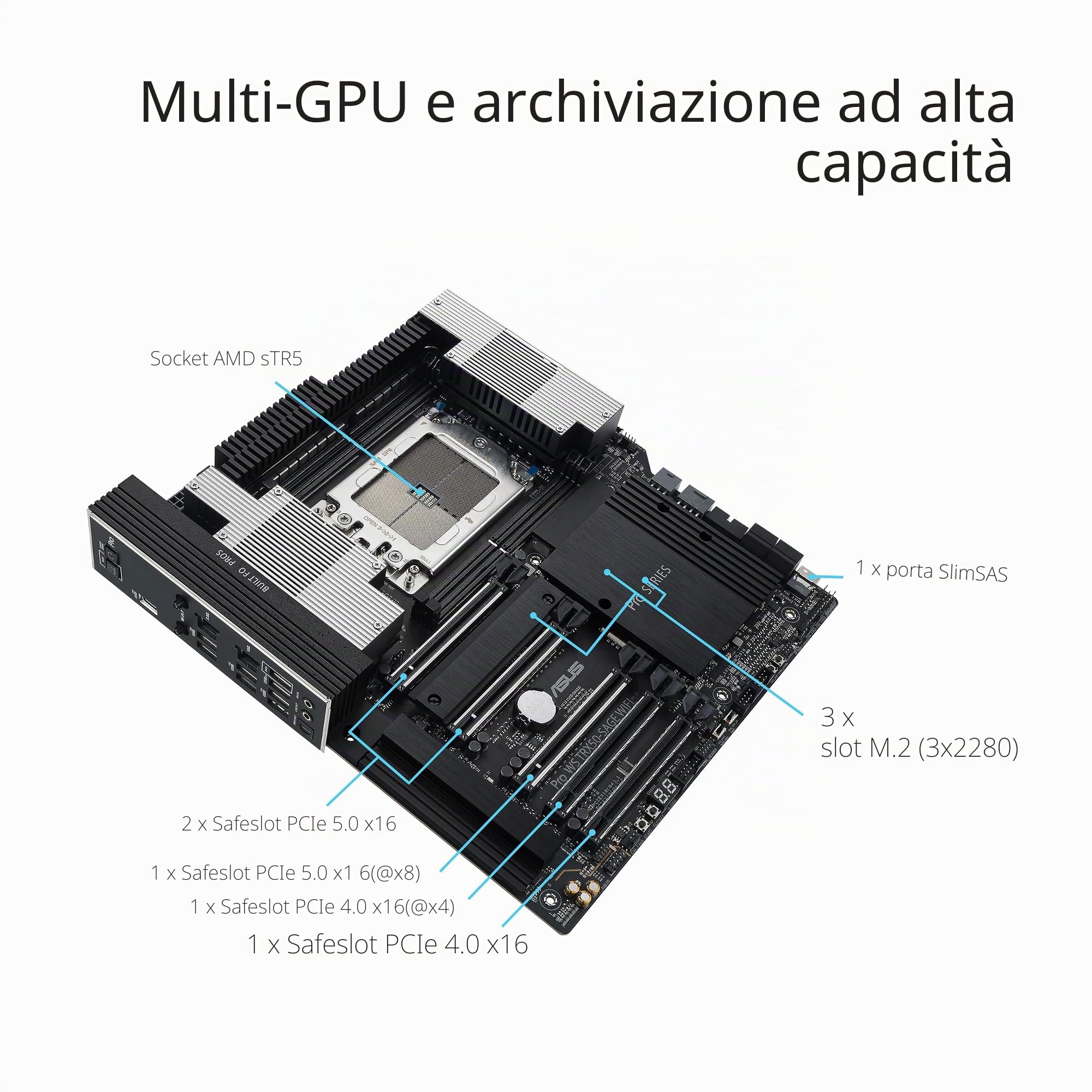 ASUS PRO WS TRX50-SAGE WIFI A, Scheda Madre Workstation AMD, Slot DDR5 Nera | Socket AMD sTR5 per CPU a 96 Core, 36 Stadi di Alimentazione, ECC R-DIMM, Tre Slot M.2, Tre slot PCIe 5.0, USB-C 20 Gbps