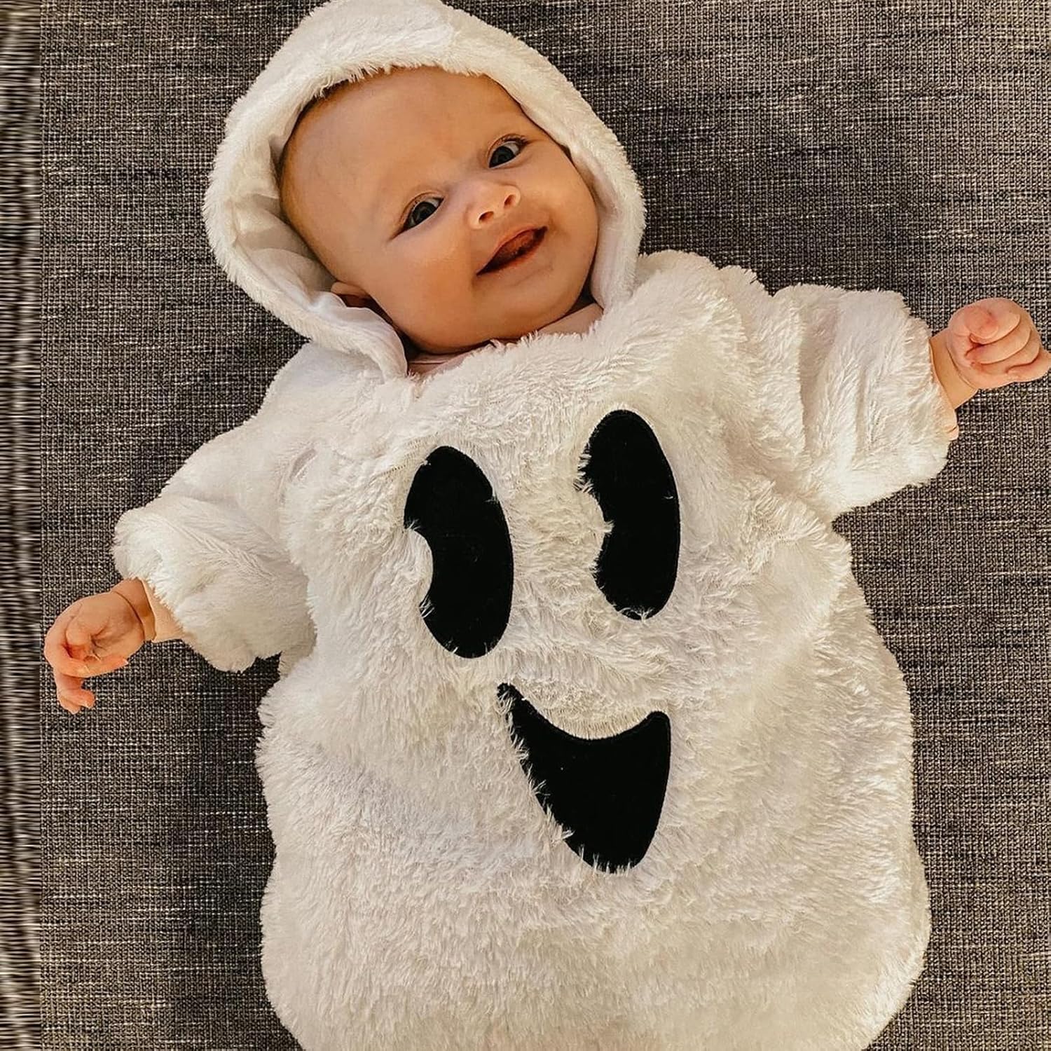 Infant Baby Girl Boy Halloween Costumes Fuzzy Jumpsuit Ghost Face Print Long Sleeve Hoodie Romper One Piece Clothes - Image 6