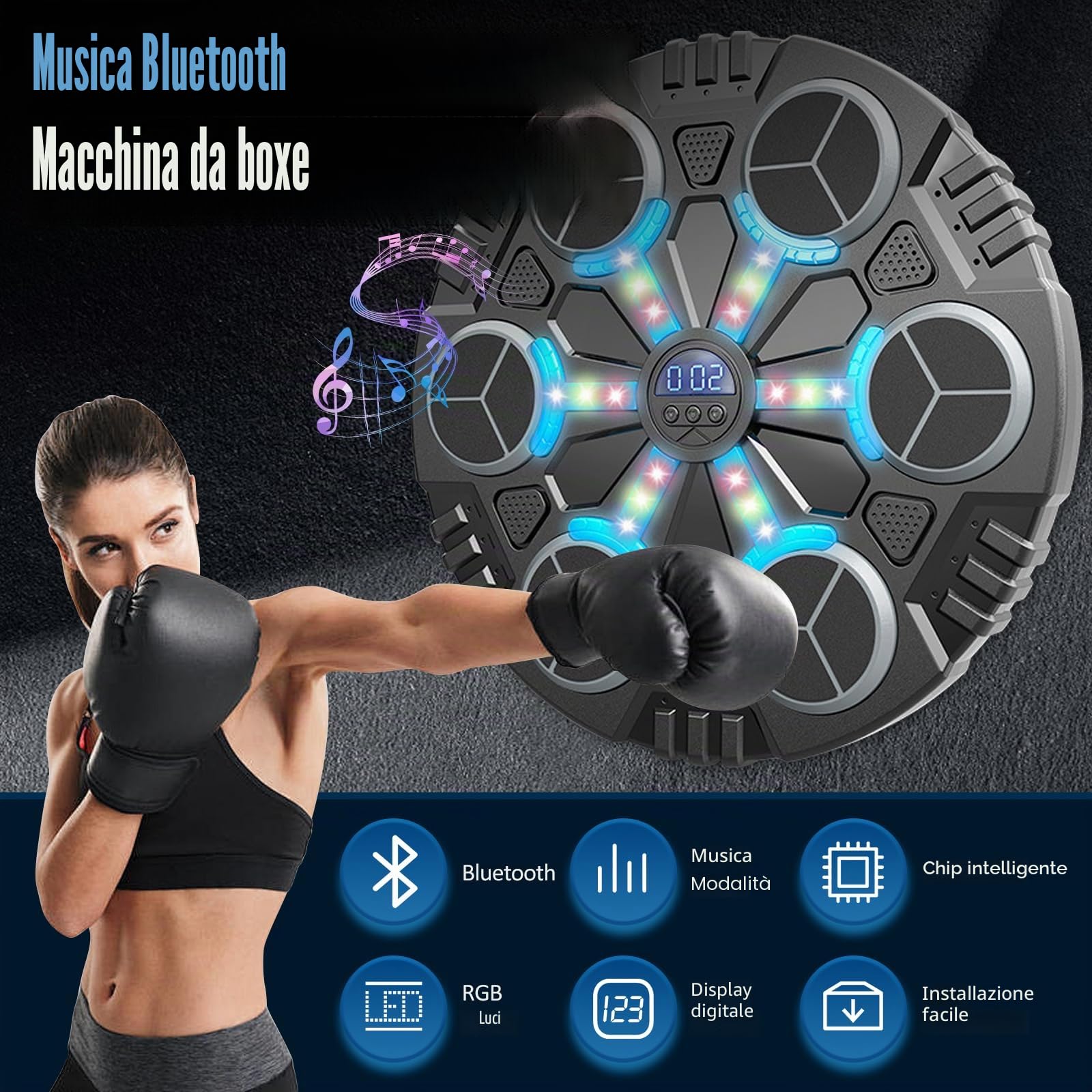 Machine de Boxe Musicale,LED Macchina da Boxe Musicale da Parete Pugile con Guanti da Boxe,3 modalità di velocità e modalità di Conteggio,Bluetooth Boxe Allenamento pour Enfants et Adultes