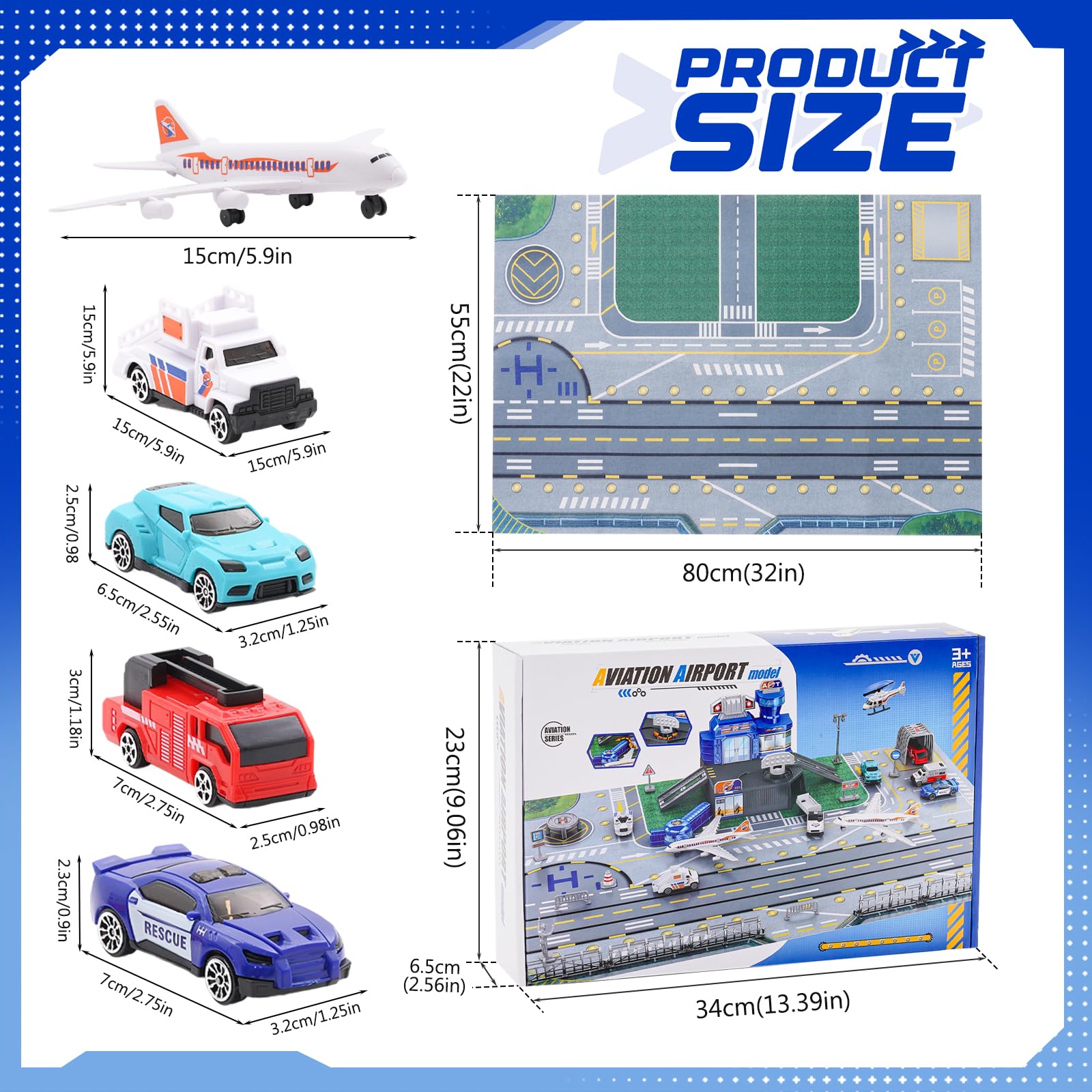 Airport Toys Airplane Car Toy Set for Kids with Trucks Helicopter, Planes, Signs, Fire Trucks Race Cars and Airport Playmat - Image 2