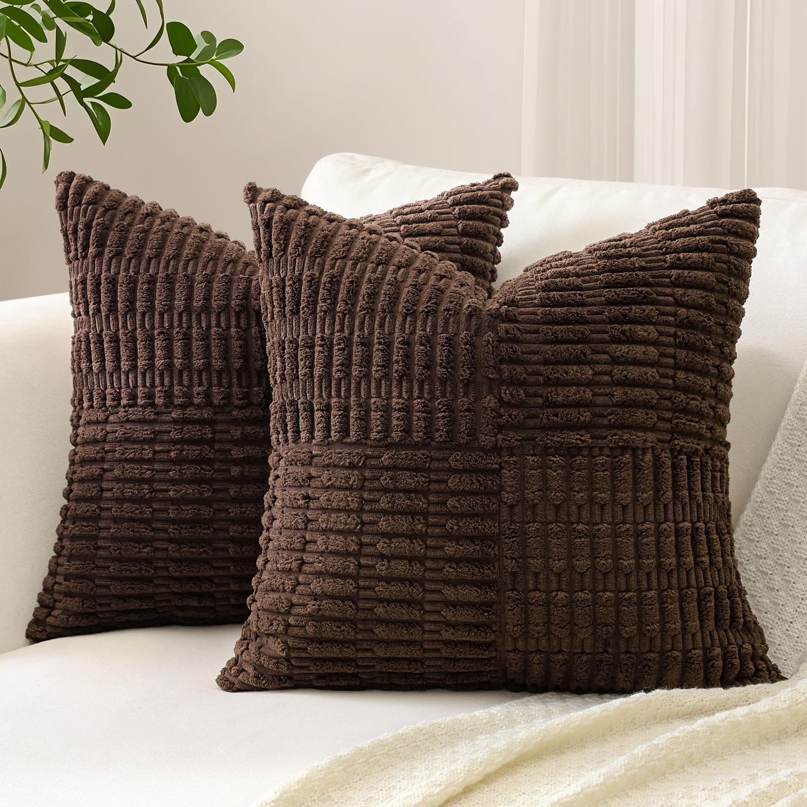 Sungeek Set of 2 Decorative Cushion Covers 40 x 40cm Soft Corduroy Striped Cross Patchwork Textured Pillow Cases Boho Farmhouse Square Throw Pillow Covers for Sofa Bed Patio 16x16 Inch, Dark Brown — image 1