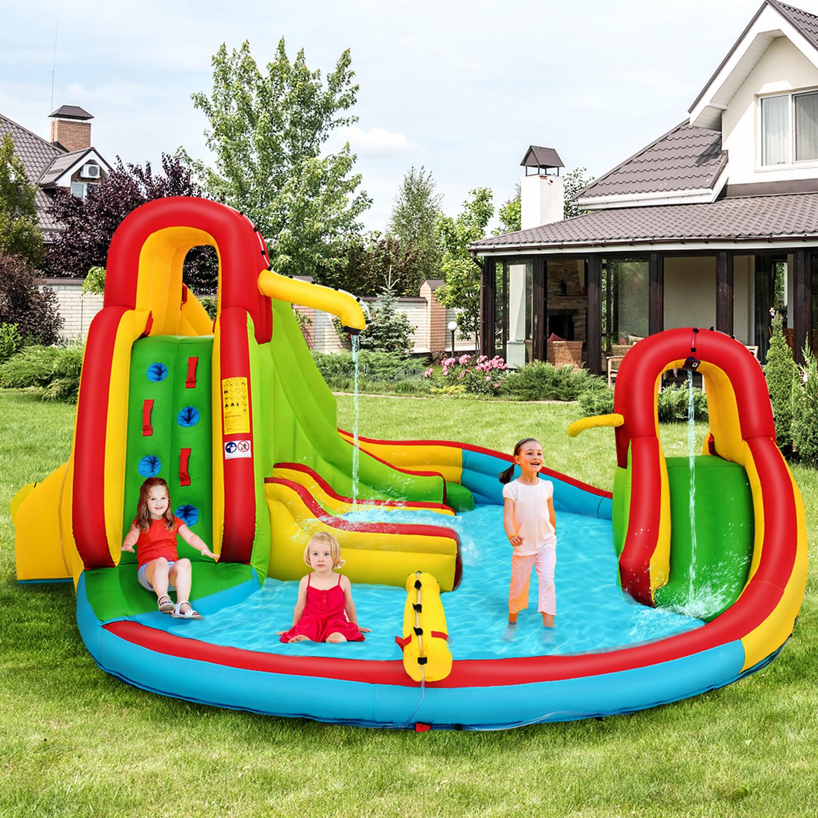 FANTASK Aufblasbare Hüpfburg, 511 x 400 x 240 cm, Wasserhüpfburg für Kinder mit Wasserrutsche, Kletterwand, Planschbecken, Wasserkanone & Basketballkorb, Wasserpark für Außenbereich
