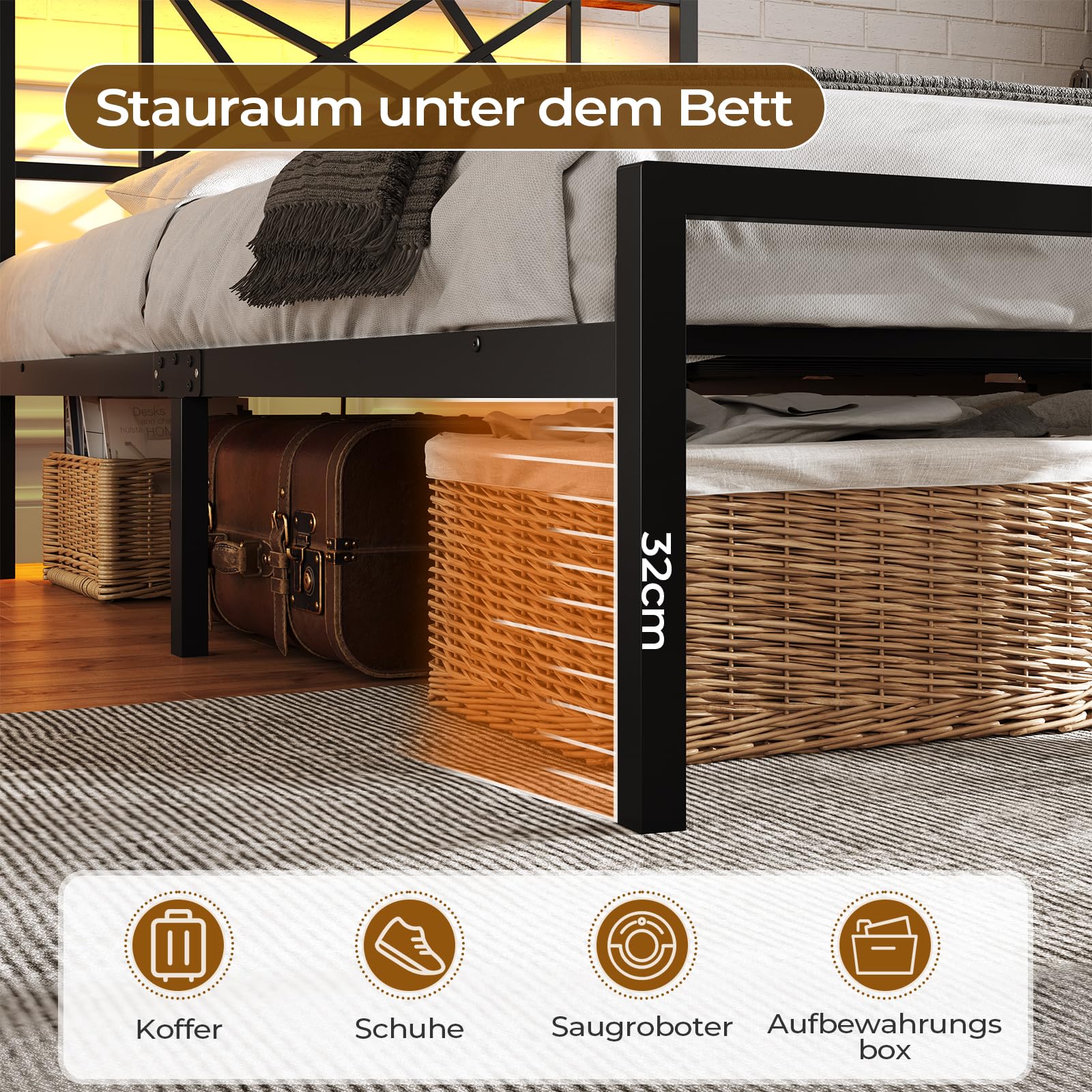DICTAC Bettgestell 90x200 mit LED Beleuchtung, Bett 90x200 mit Steckdose und 2 USB, Einzelbett mit Holzkopfteil, Metallbett mit Lattenrost aus Metall, Bettrahmen mit Stauraum unter dem Bett, Höche 32