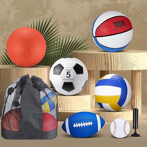 Miniatura 4 de Libima Juego de 6 Pelotas Multideporte de Tamaño Oficial Fútbol Baloncesto Fútbol Soccer Voleibol Pelota de Patio Béisbol con Bolsa de Equipo