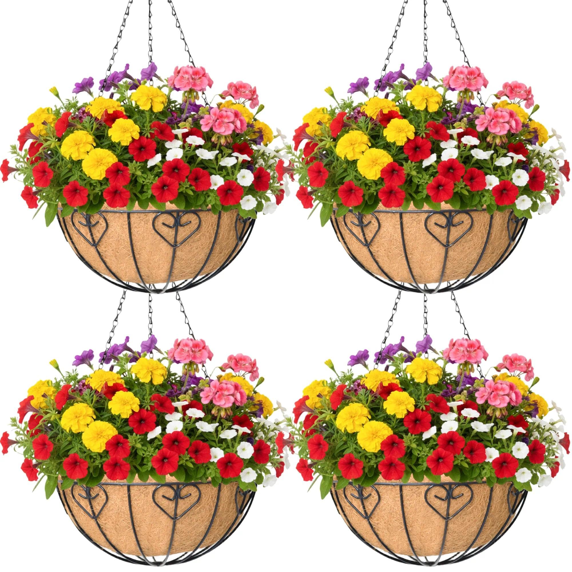 KIDYBELL 4 Pack 10 Inch Hanging Baskets for Plants Outdoor Metal Hanging Planter Basket with Coco Coir Liner Hanging Flower Pots Holder for Garden,