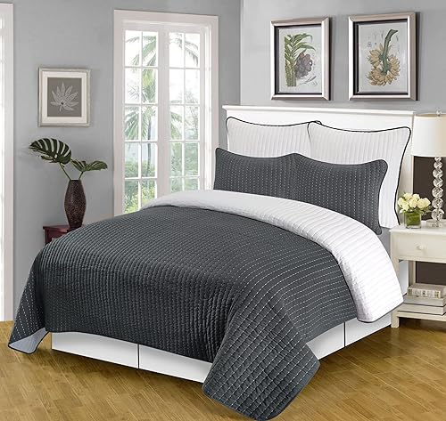 Fietsa - Juego de edredón reversible de 3 piezas (tamaño matrimonialqueen, grisblanco)