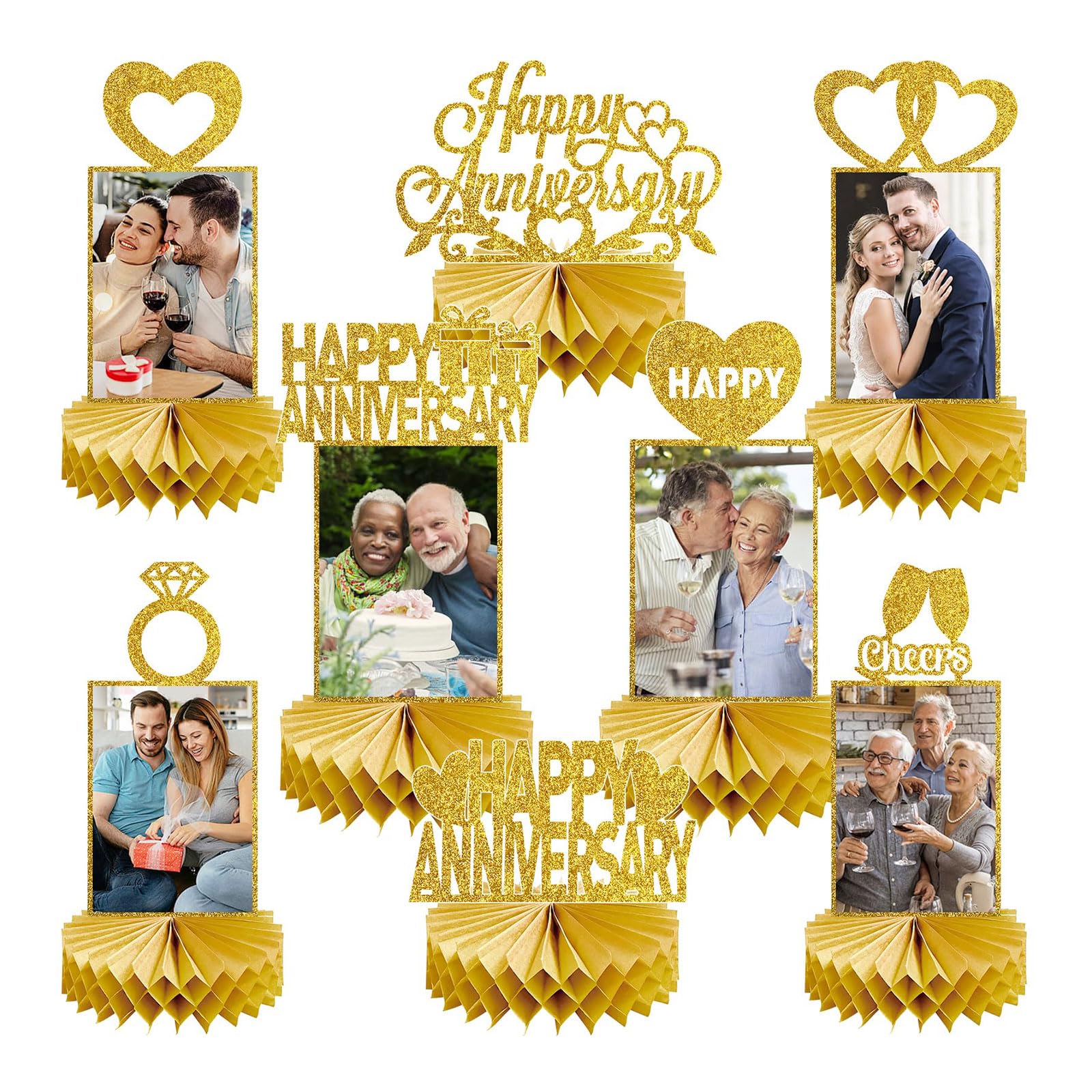 Bubaxuce 8 Pieces Gold Anniversary Decorations Honeycomb Table Centerpiece, Glittering Gold Celebration Photo Table Decor Party Supplies, For 25th, 30th, 40th, 50th, 60th