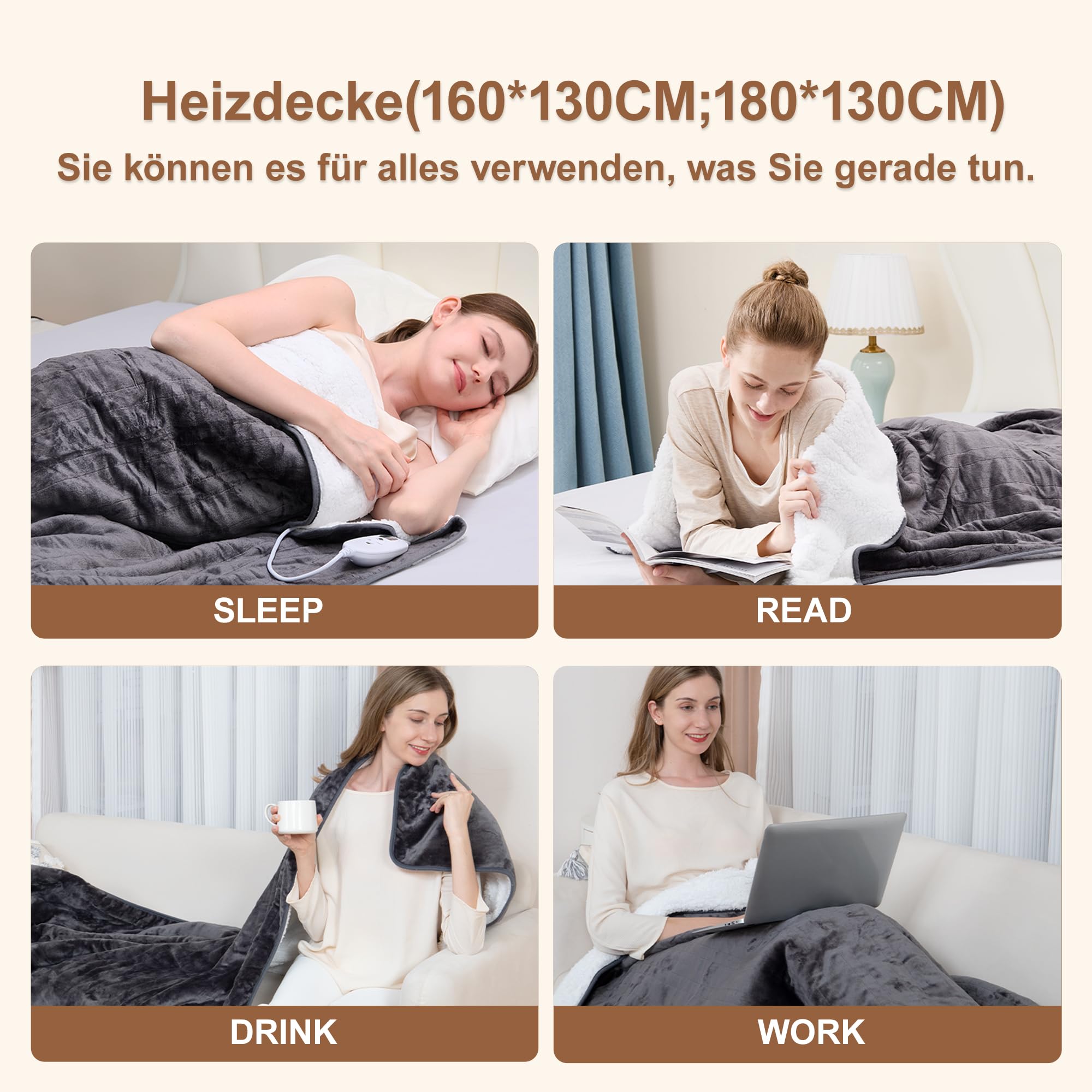 Coperta Elettrica, Coperta Riscaldante 160x130 CM, 4 Impostazioni di Calore e 4 Timer, Lavabile in Lavatrice