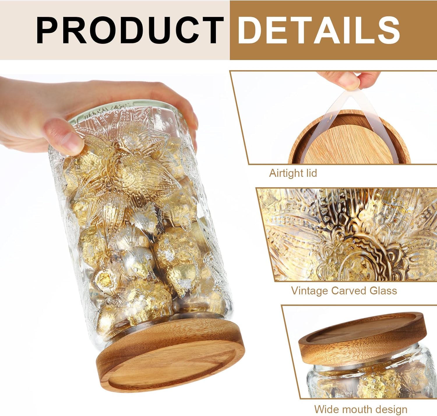 6 Pcs Vintage Glass Jar with Wooden Lid 17/24/34 oz Glass Airtight Food Storage Container with Lid Jar Begonia Sunflower Pattern for Kitchen Sugar Coffee Tea Beans Candy Cookie