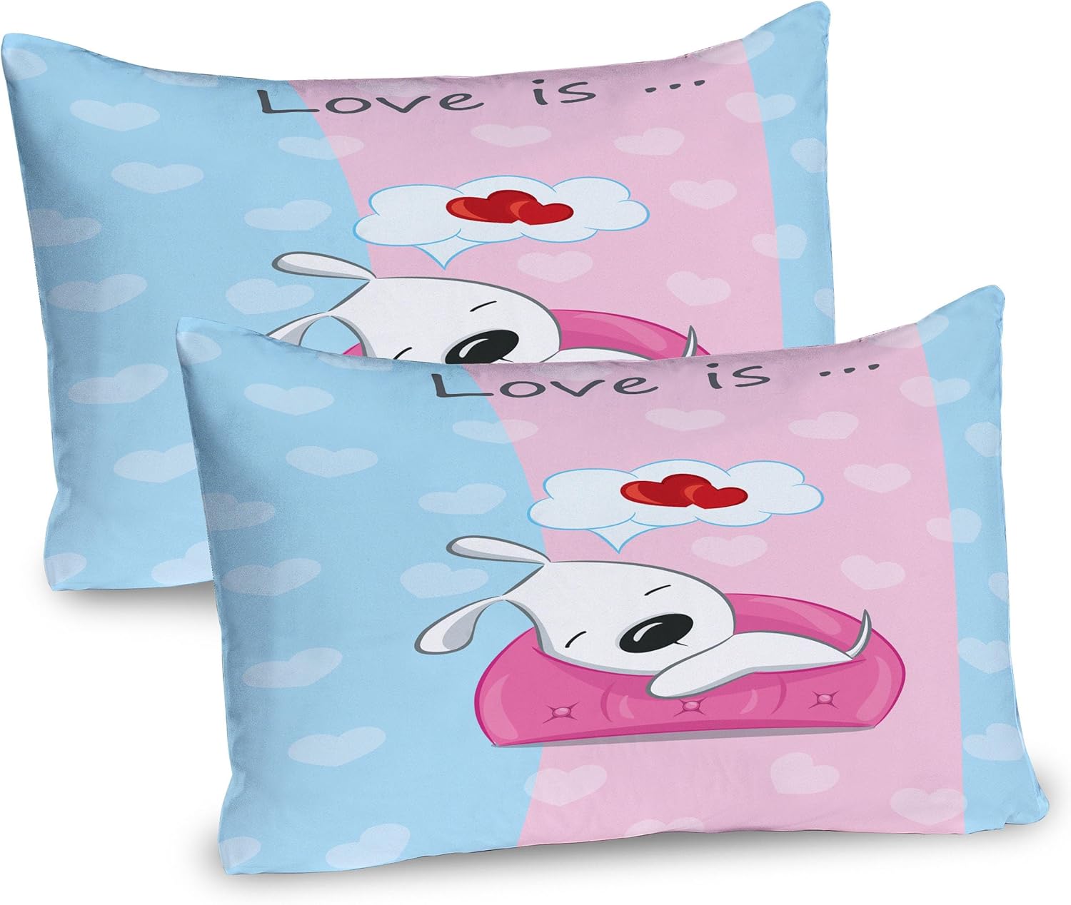 Ambesonne Dog Pillow Sham Set of 2, Puppy Dreaming on The Sofa Heart Background Valentine Theme Art, Quality Microfiber Bedding Item for All Seasons, 30" x 20", Blue Pink White