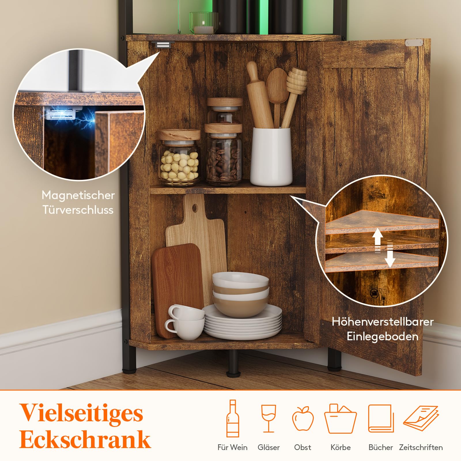 Lifewit Weinschrank Eckschrank 5 Ebenen mit LED Licht, Vintage Barschrank mit verstellbare Einlegeboden, Eckregal mit Stauraum für Bar, Küche, Wohnzimmer, Esszimmer, Rustikales Braun