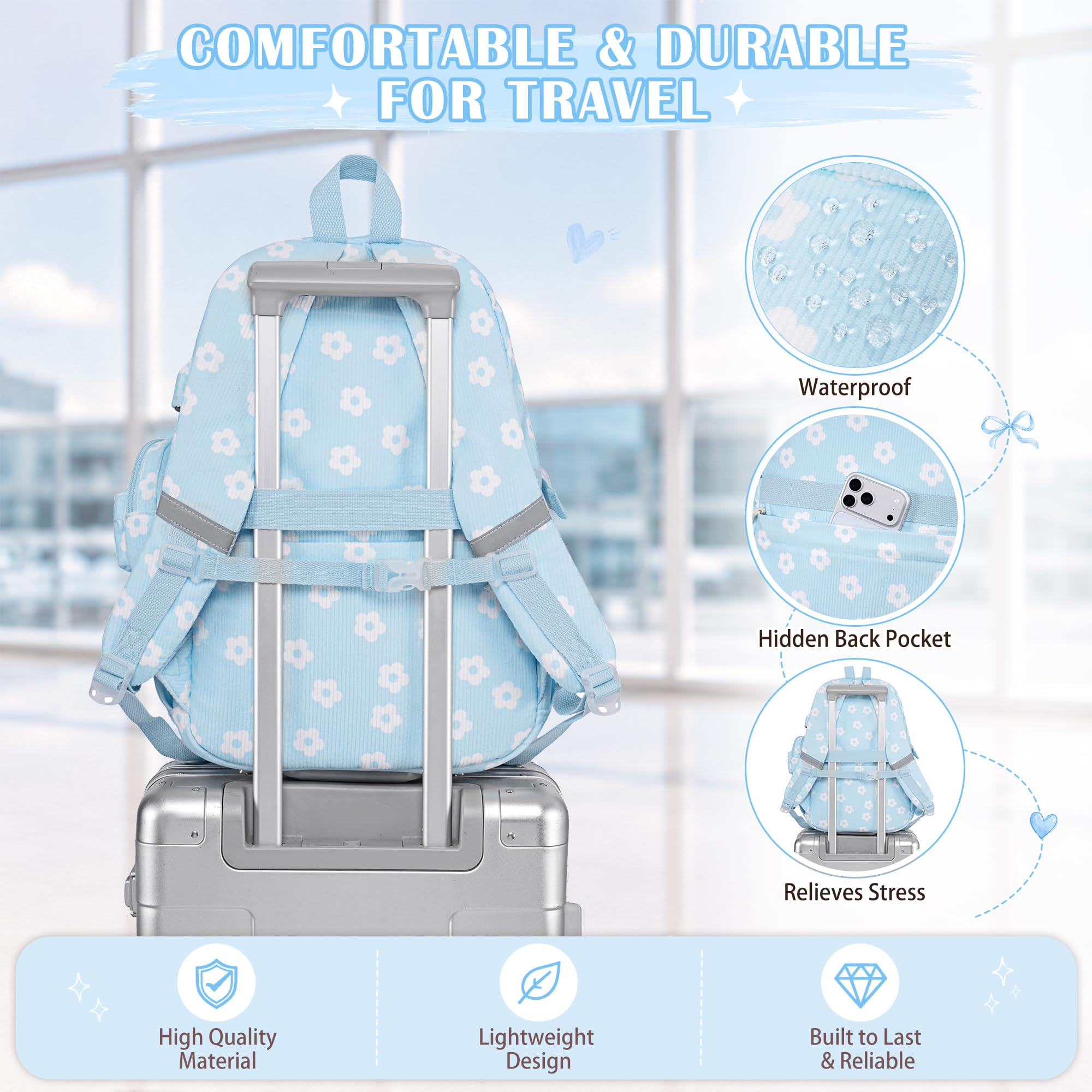 DIGOBAY Cord-Rucksack, Blaue Blumen, Medium, Classic