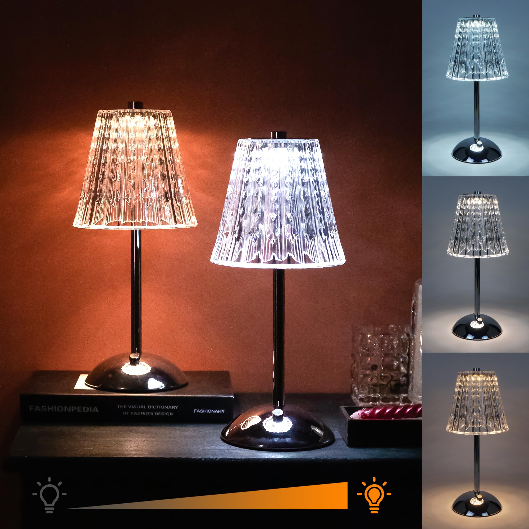 Amingulry Cordless Table Lamp, 4000mAh Rechargeable Battery Operated Lamp, 3 Color Modes & Stepless Dimmable LED Touch Lamp, Portable Crystal Metal