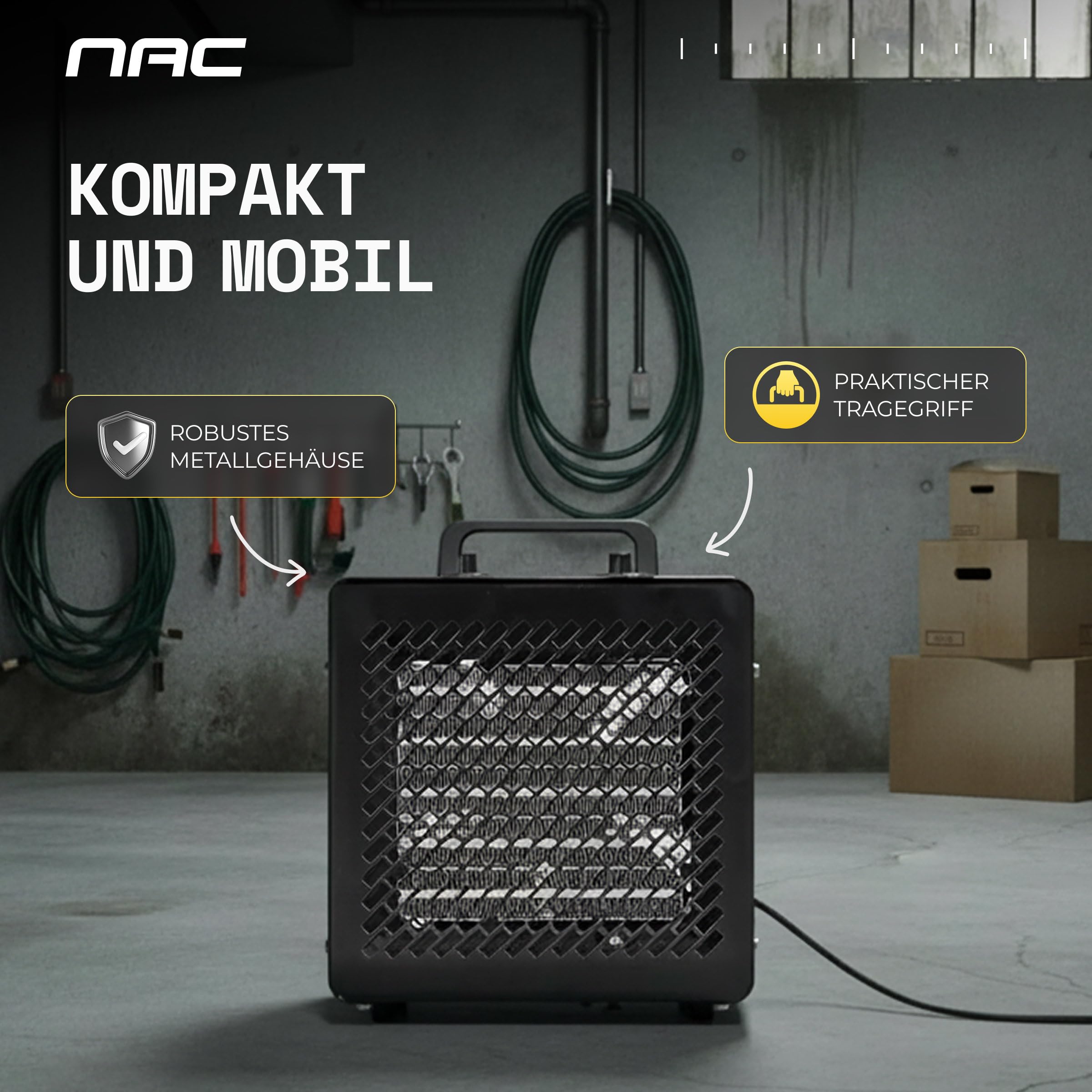 NAC Elektrischer Keramik Heizlüfter 3000 Watt - Heizstrahler mit Thermostat, Heizung Elektrisch - Heizgerät mit 3 Heizstufen, Elektroheizung für Garage, Werkstatt, Baustelle - Bauheizer Bautrockner
