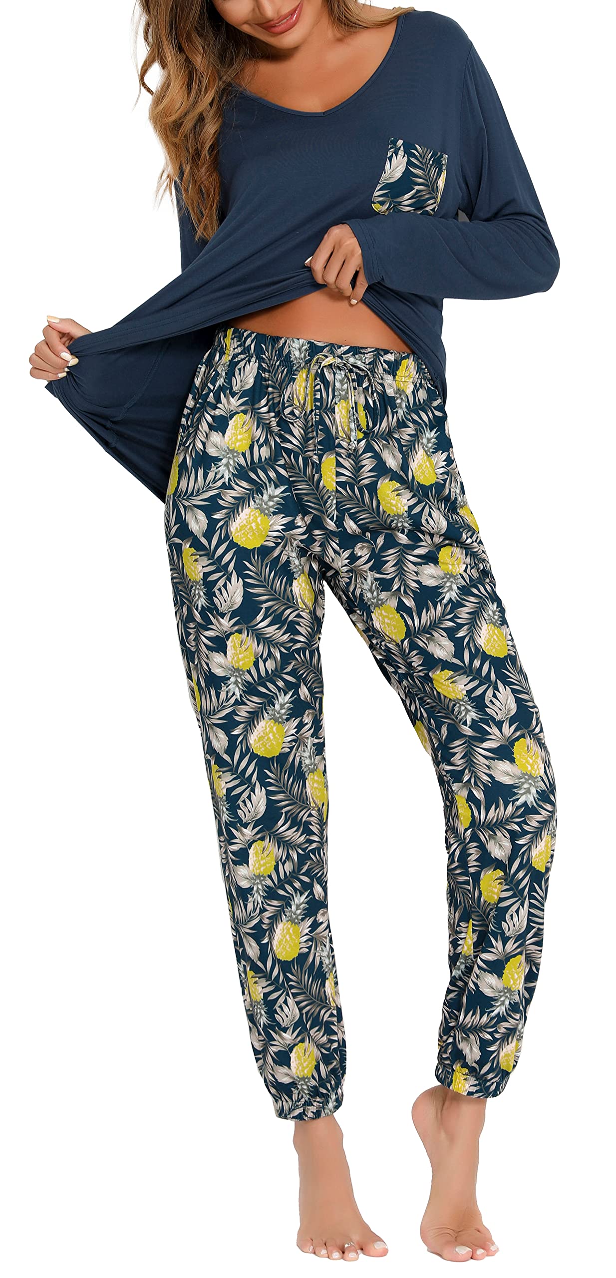 Lovasy Pigiama Donna Manica Lunga Pantaloni Lunghi Casual Scollo a V Top con Motivo a Pois Carino con Tasca Due Pezzi