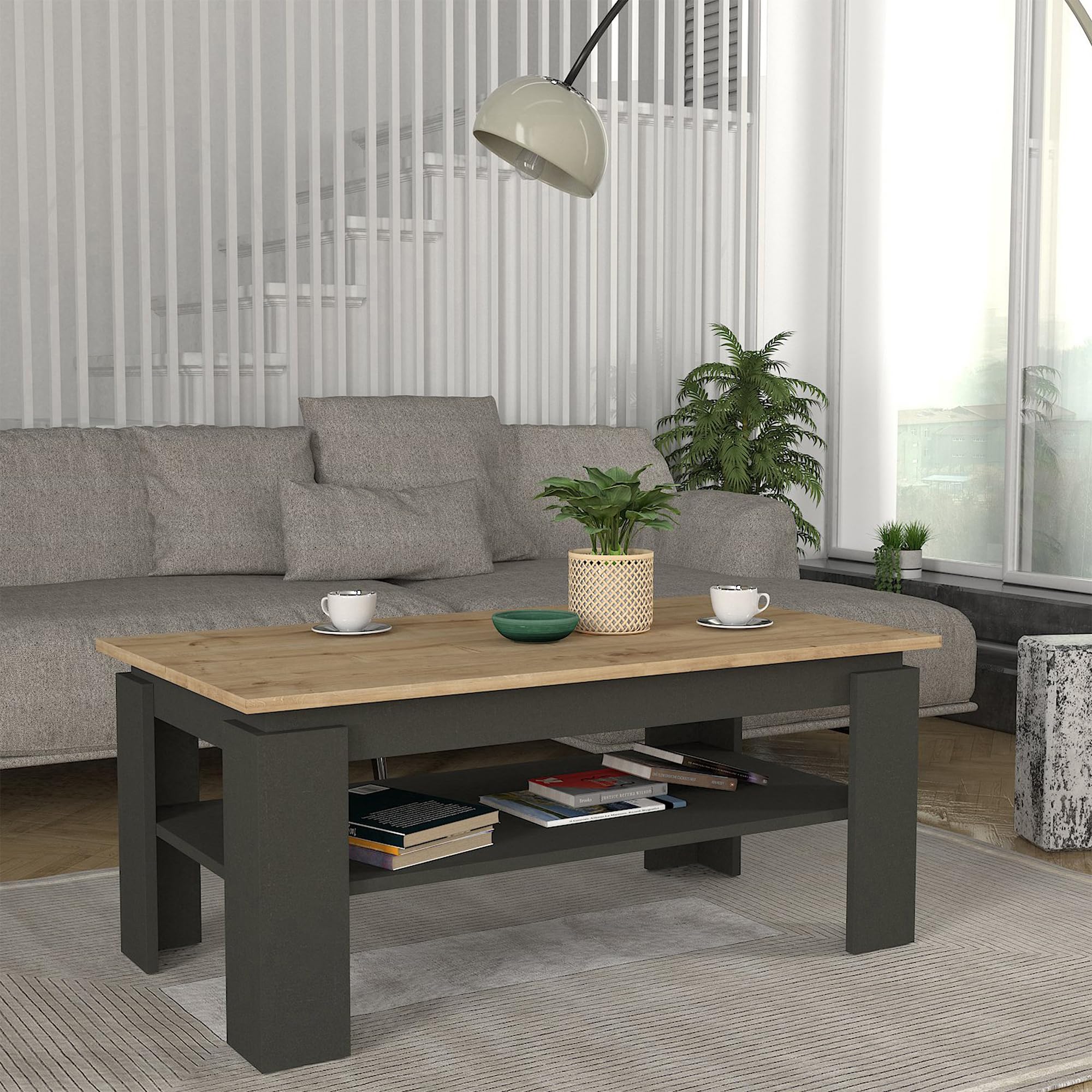 [en.casa] Mesa de Centro Krirdfjos Rectangular Mesa Baja con Estante para Salón Mueble Auxiliar Estructura Estable 110 x 60 x 47 cm - Antracita/Roble Zafiro