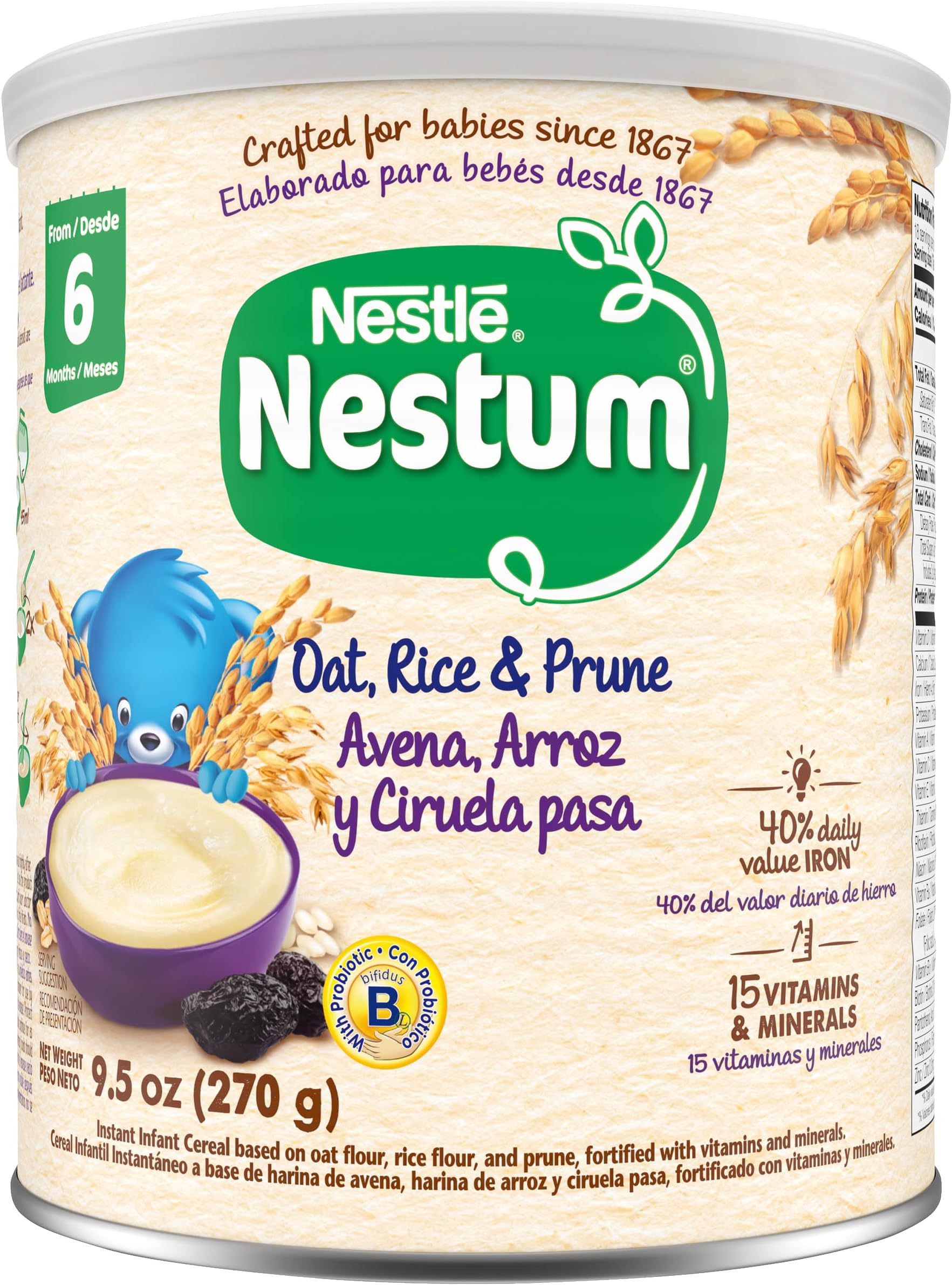 Nestle Nestum Infant Cereal, Oat, Rice & Prune, Made for Infants 6 Months, 9.5 Ounce Canister (Pack of 1)