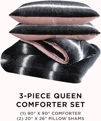 Miniatura 7 de Juicy Couture Juego de edredón y funda de almohada tamaño King, juego de ropa de cama King de 3 piezas de piel sintética a rayas degradadas, color