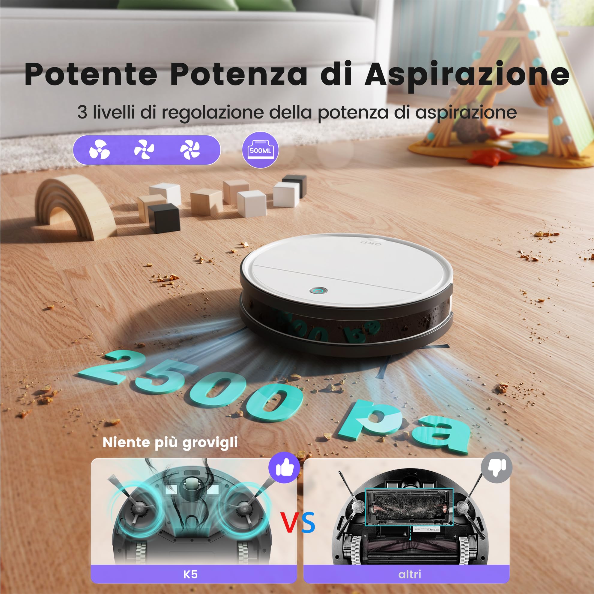 OKP K5 Robot Aspirapolvere, 2500Pa, 120 Minuti, WiFi/App, Sistema di Filtrazione Efficiente, Auto-Ricarica, Design Sottile, Silenzioso, Perfetto per Pavimenti Duri, Peli di Animali, Tappeti