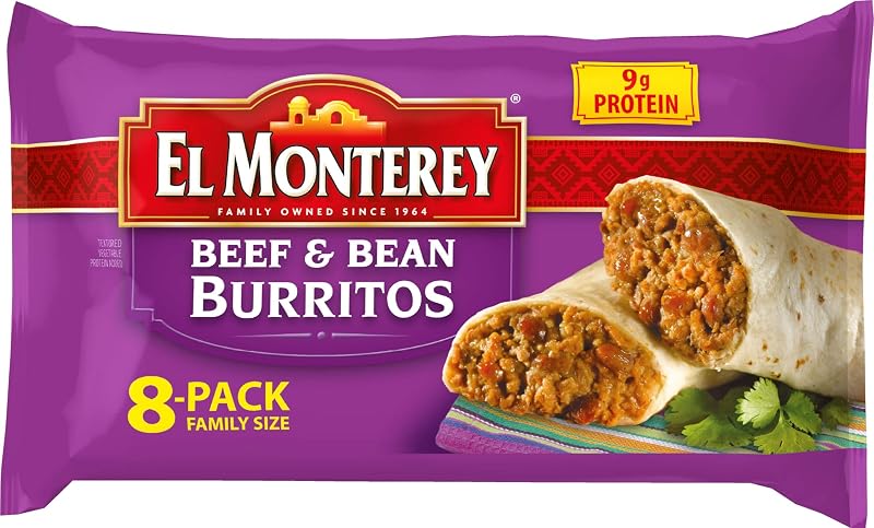 Burritos de carne y frijoles El Monterey hechos con carne de res real, caja de 8 unidades