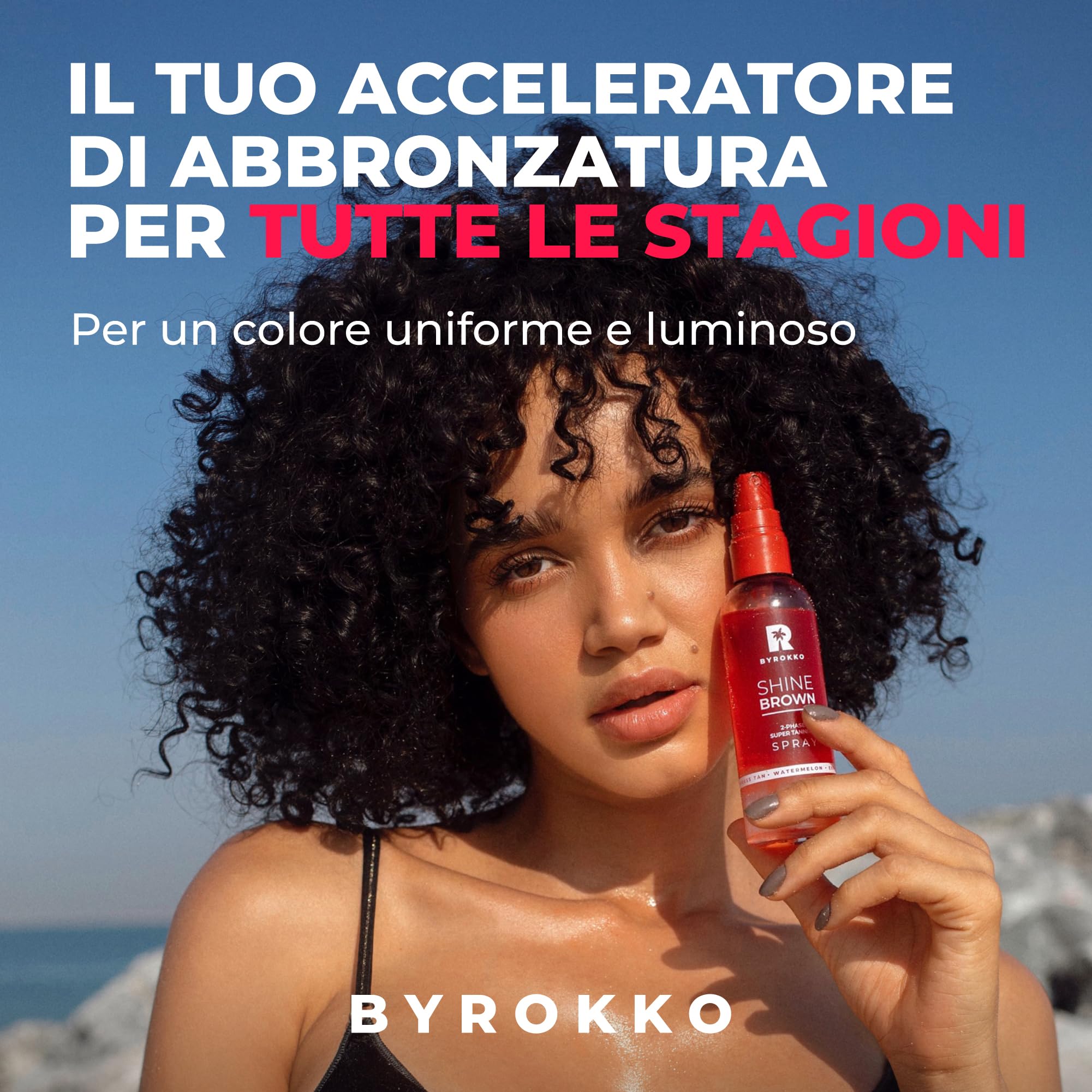 BYROKKO Shine Brown Spray Abbronzante Bifasico Anguria (100 ml), acceleratore con oli naturali e acido ialuronico, per sole e lettino, formula idratante a rapido assorbimento
