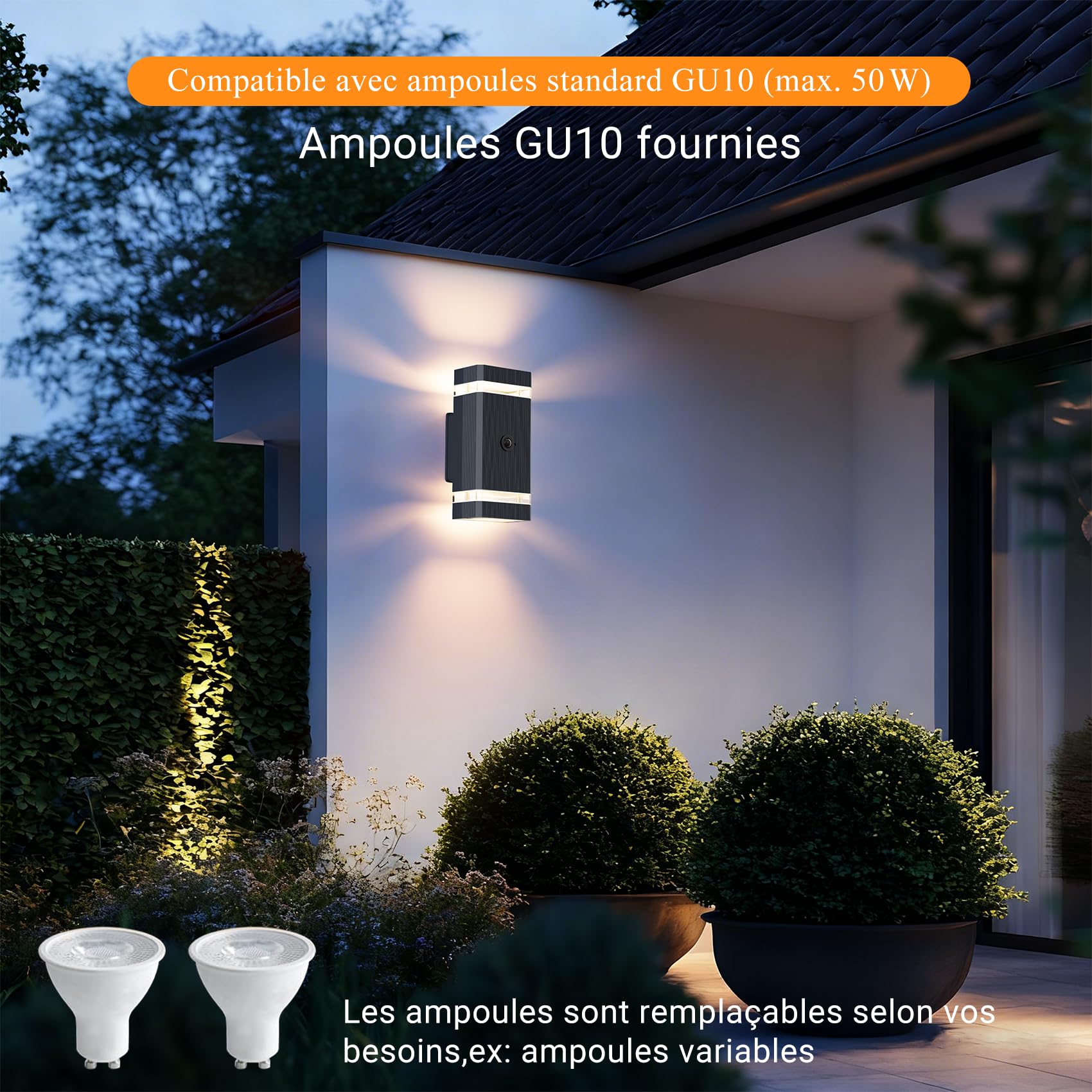 Aipsun Lampe Extérieure avec Détecteur de Mouvement, Applique Murale Led Gu10 avec Détecteur de Mouvement pour Éclairage Extérieur et Intérieur, Applique Murale à Lumière Haut et Bas, IP65,Anthracite