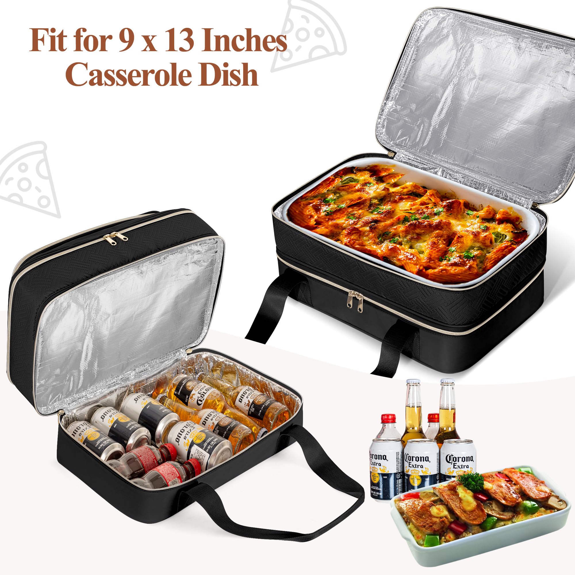 Trasportatore di casseruola isolato per alimenti caldi o freddi, borsa per bagagli per lasagne | Borsa termica per scaldavivande a due piani adatta a pirofile da 22,9 x 33 cm, borsa termica per picnic