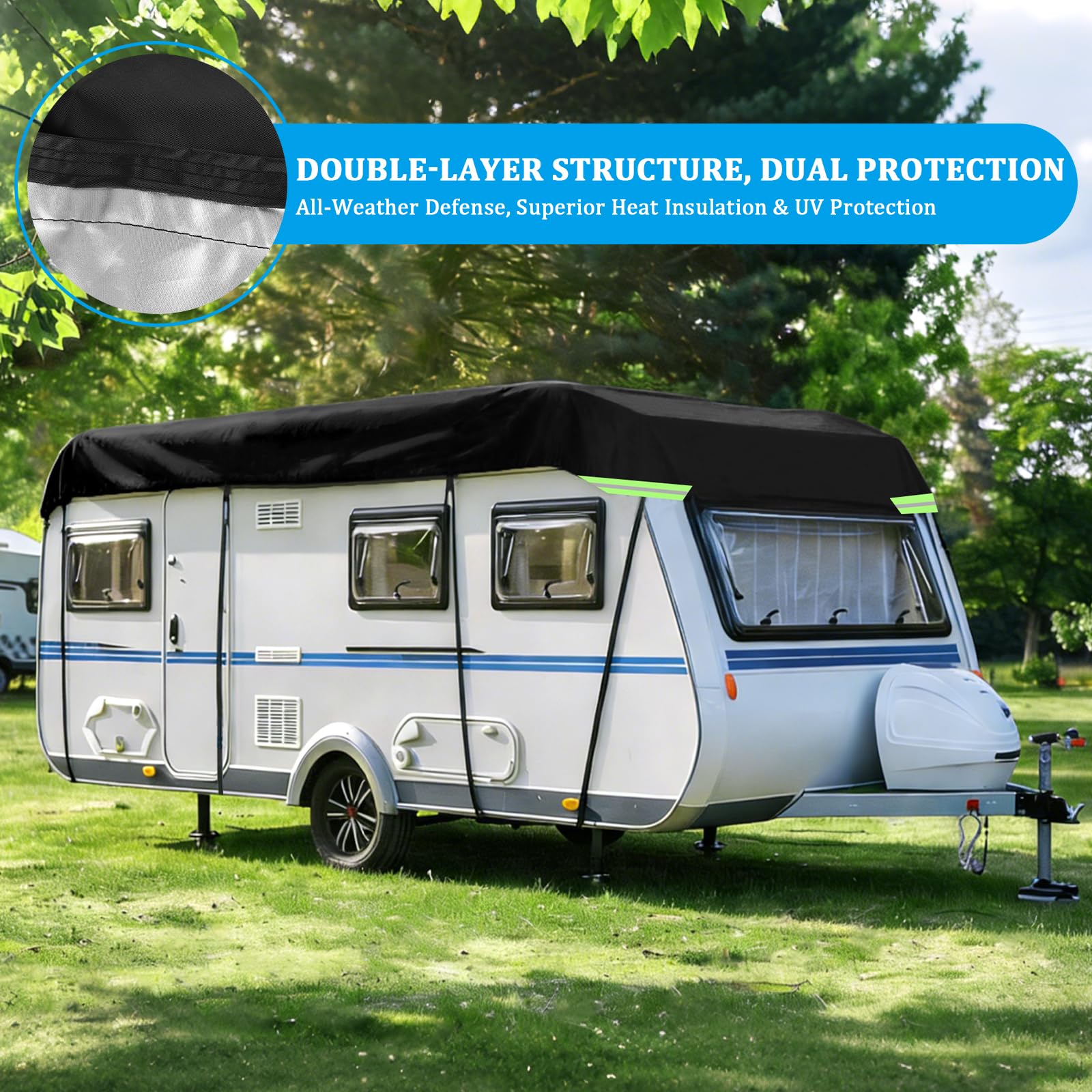 EXLECO Funda protectora para caravana, 6,5 x 3 m, impermeable, resistente al sol, resistente a la intemperie, lona de protección de techo 210D Oxford, cubierta de techo con tiras reflectantes