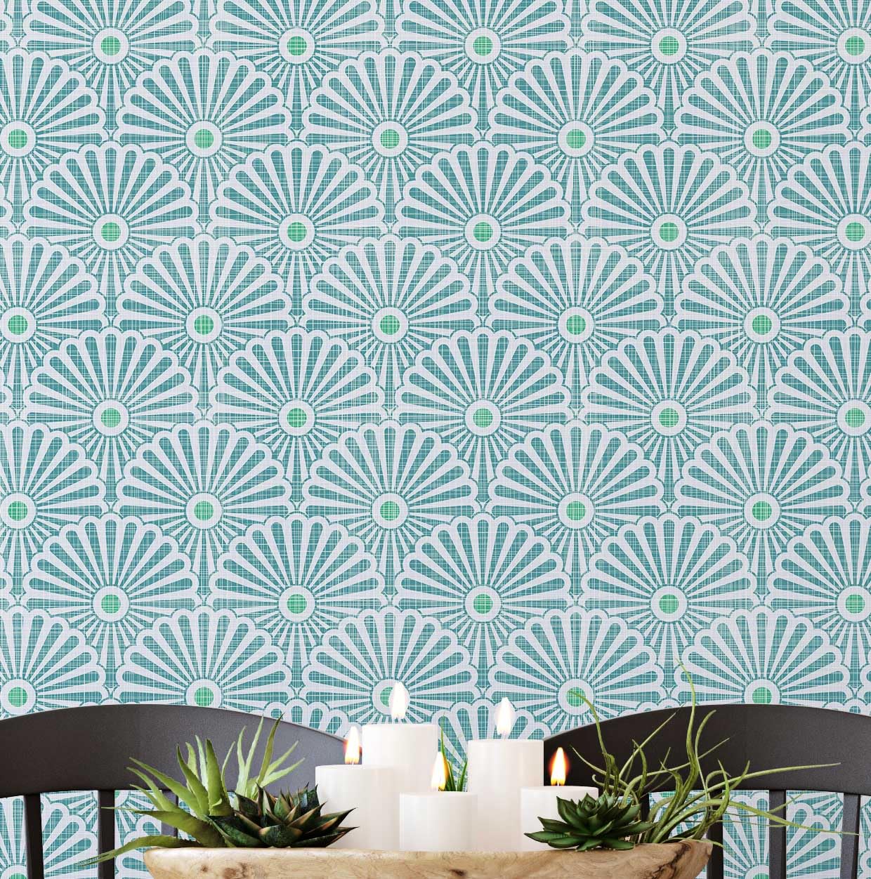 Papier peint panoramique vinyle éventail floral vert S4Sassy 63x304 cm
