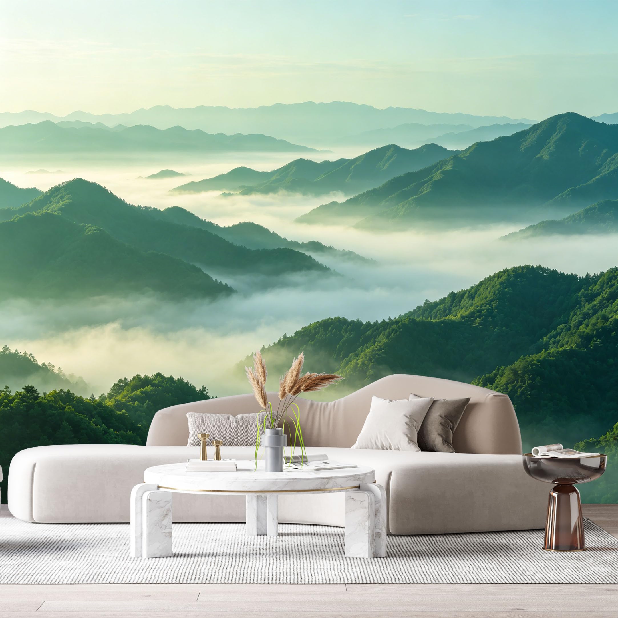 Custom Size Wall Murals Misty Mountain Landscape Forest Valley Sunrise SelfAdhesive Wall Fabric Removable Large Wallpaper for Photo Living Room