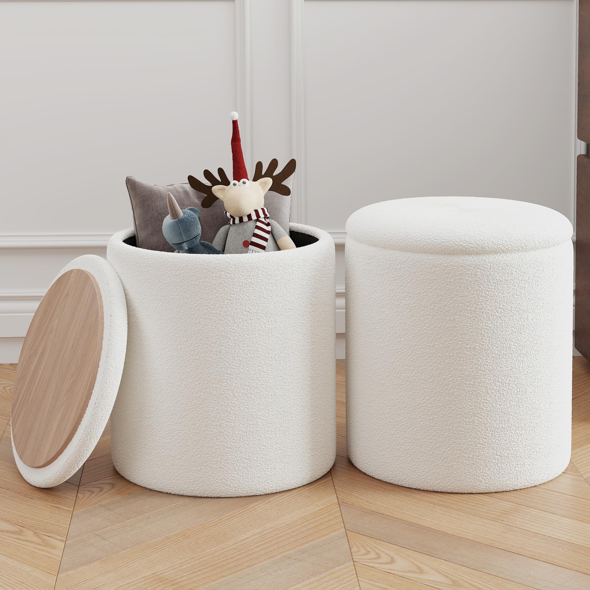 Ottoman Poufs with Storage, Set of 2 Soft Upholstered Vanity Stool,Multifunctional Ottomans Coffee Table Padded Seat Foot Rest for Living?White, Pack of 2?