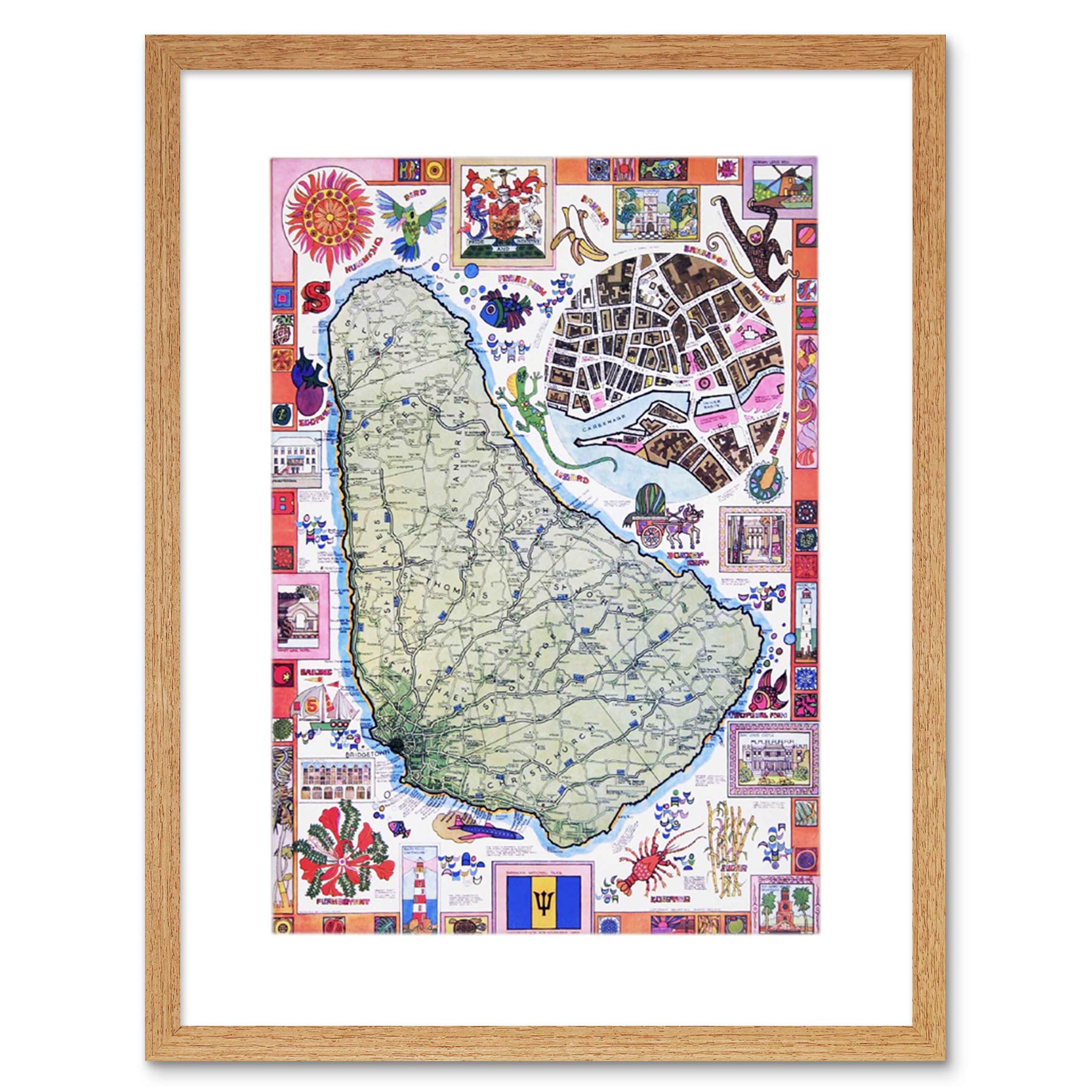 Wee Blue Coo Travel Barbados Caribbean Tropical Map Ad Picture Framed Wall Art Print