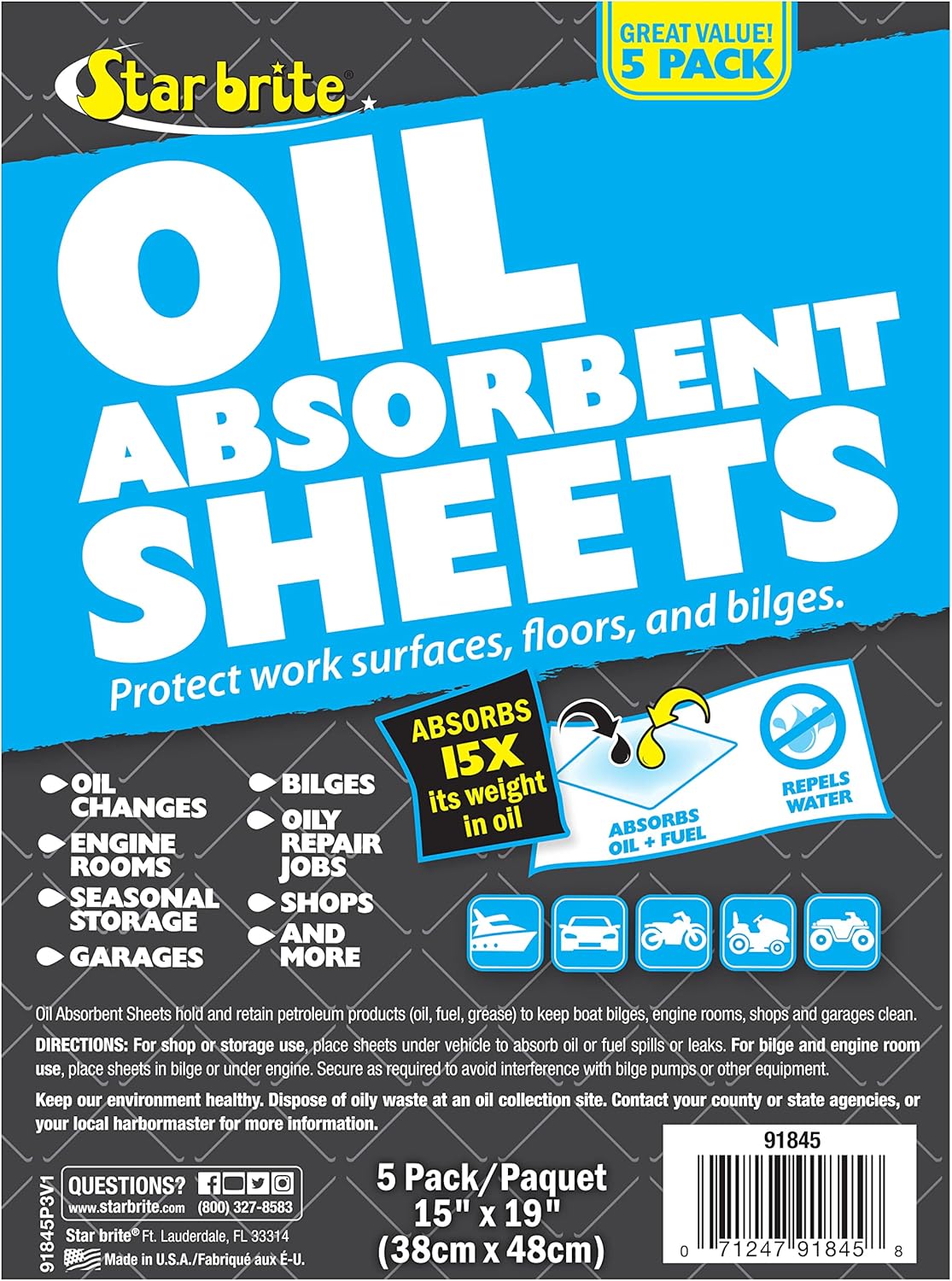 STAR BRITE Bilge Oil Pads Absorbs Oil, Repels Water - 15 x 19 Heavy Weight - 5 Pack (091845), White, 28.35 g (Pack of 1) - Image 3