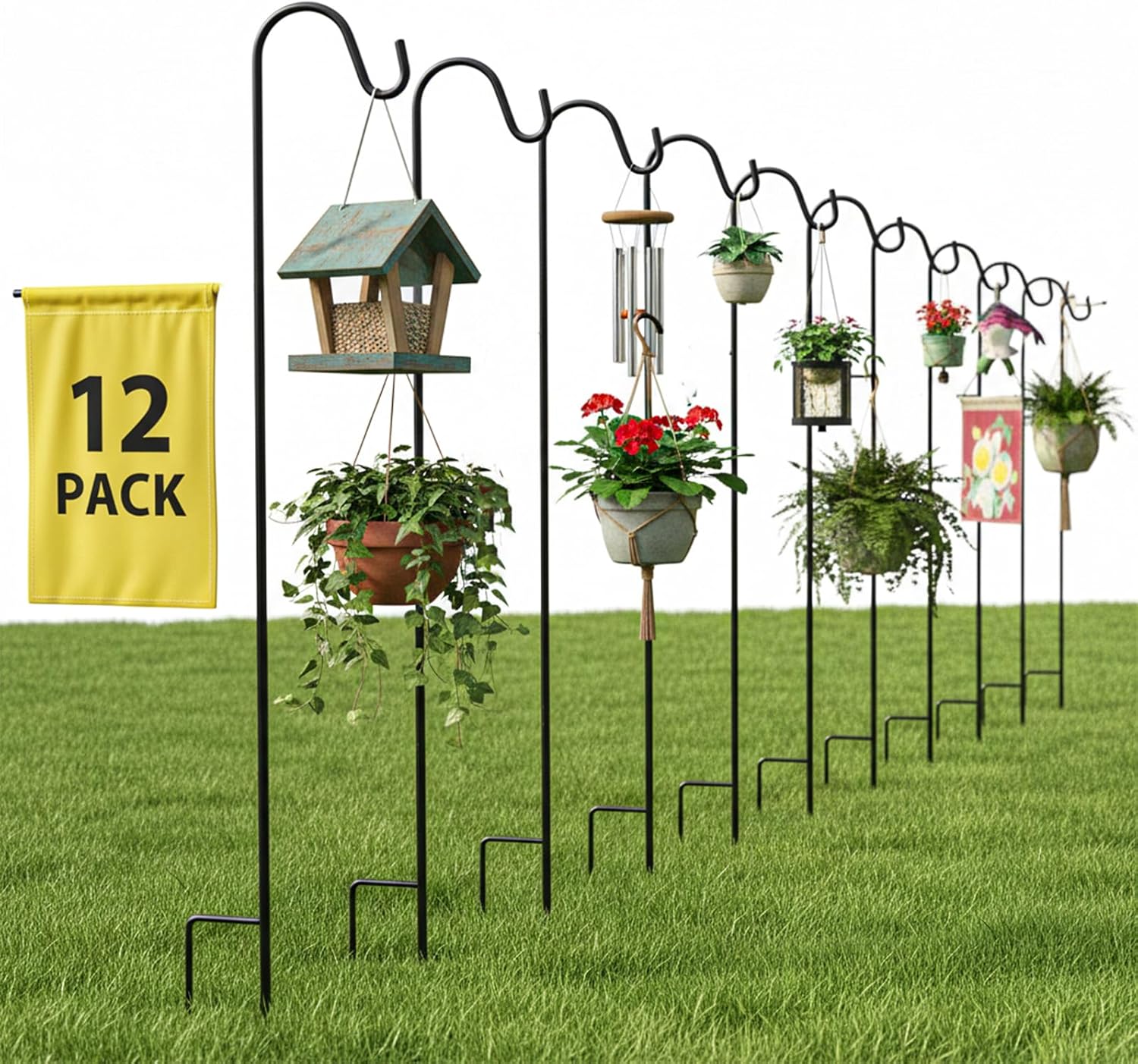 12 Pack Black Shepherd Hooks, 24 Inch Outdoor Metal Plant Hanger Stake for Bird Feeder, Solar Light, Garden Wedding Decor