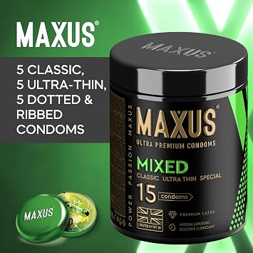 MAXUS Mixed, 15 Lubricated Condoms for Men: Ultra-Thin, Classic, Dotted & Ribbed, Regular Fit, Natural Latex, Easy-On Shape, Premium Quality, Includes Stylish Metal Case, Pack of 15