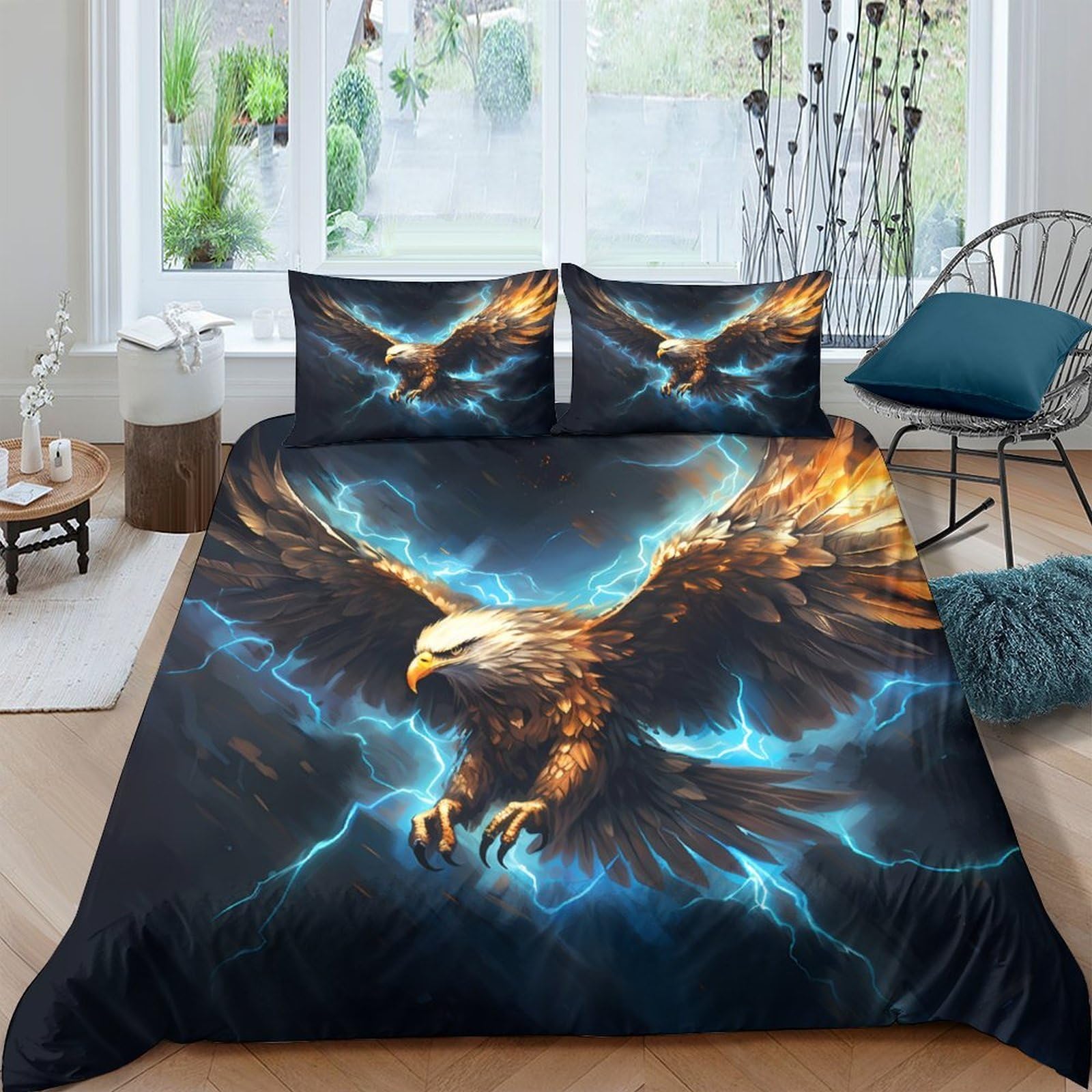 Ctjqhvkz Style-6 3D Printed Thunder Eagle Fitted Sheet Microfiber Dark Blue Lightning Mattress Cover For Bedroom Decor Single（135X200cm）