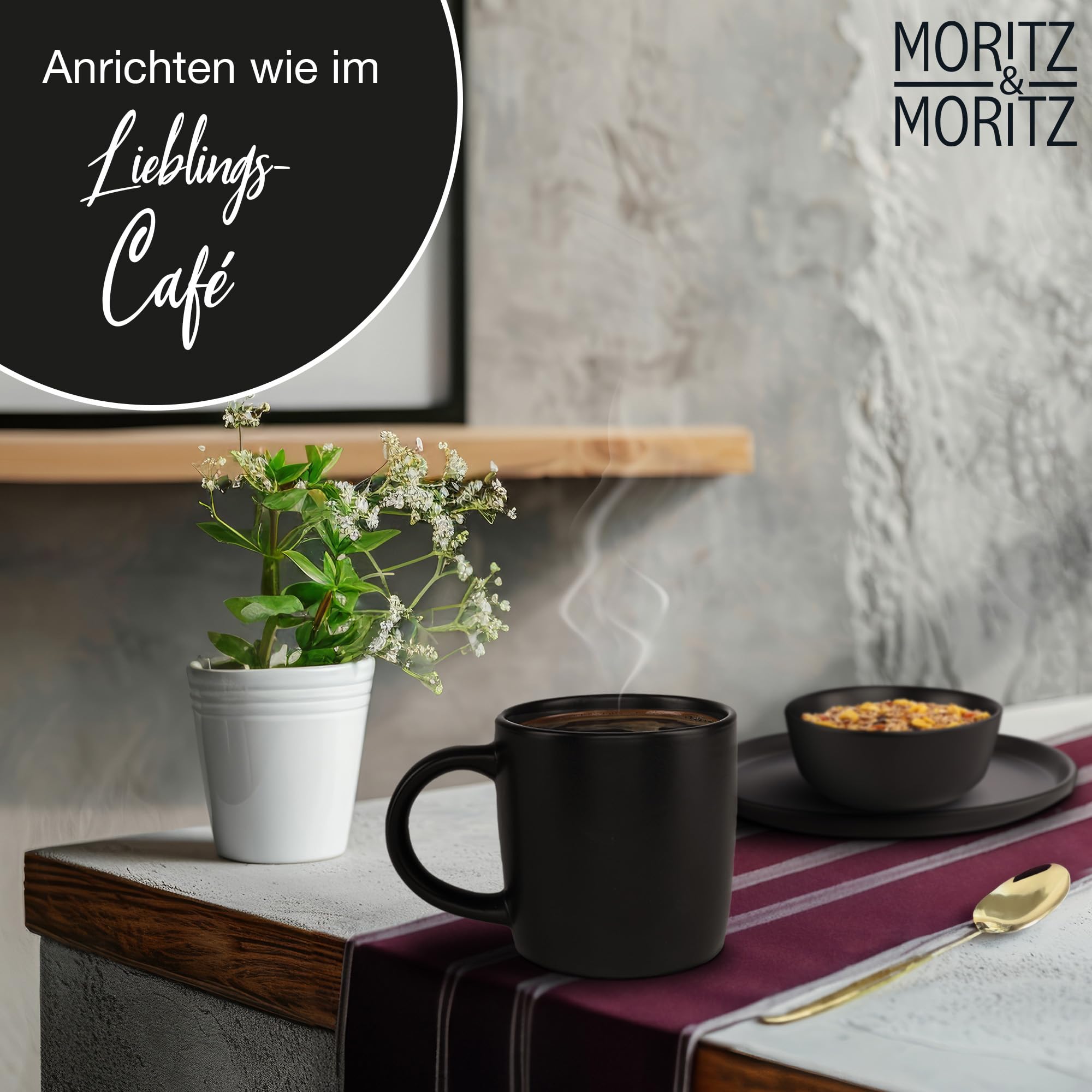 Moritz & Moritz NORDIC Set di 6 tazze da caffè nero - ca. 300 ml in gres di alta qualità - Design elegante con manico - tazze con manico per caffè, tè, cioccolata calda, cappuccino